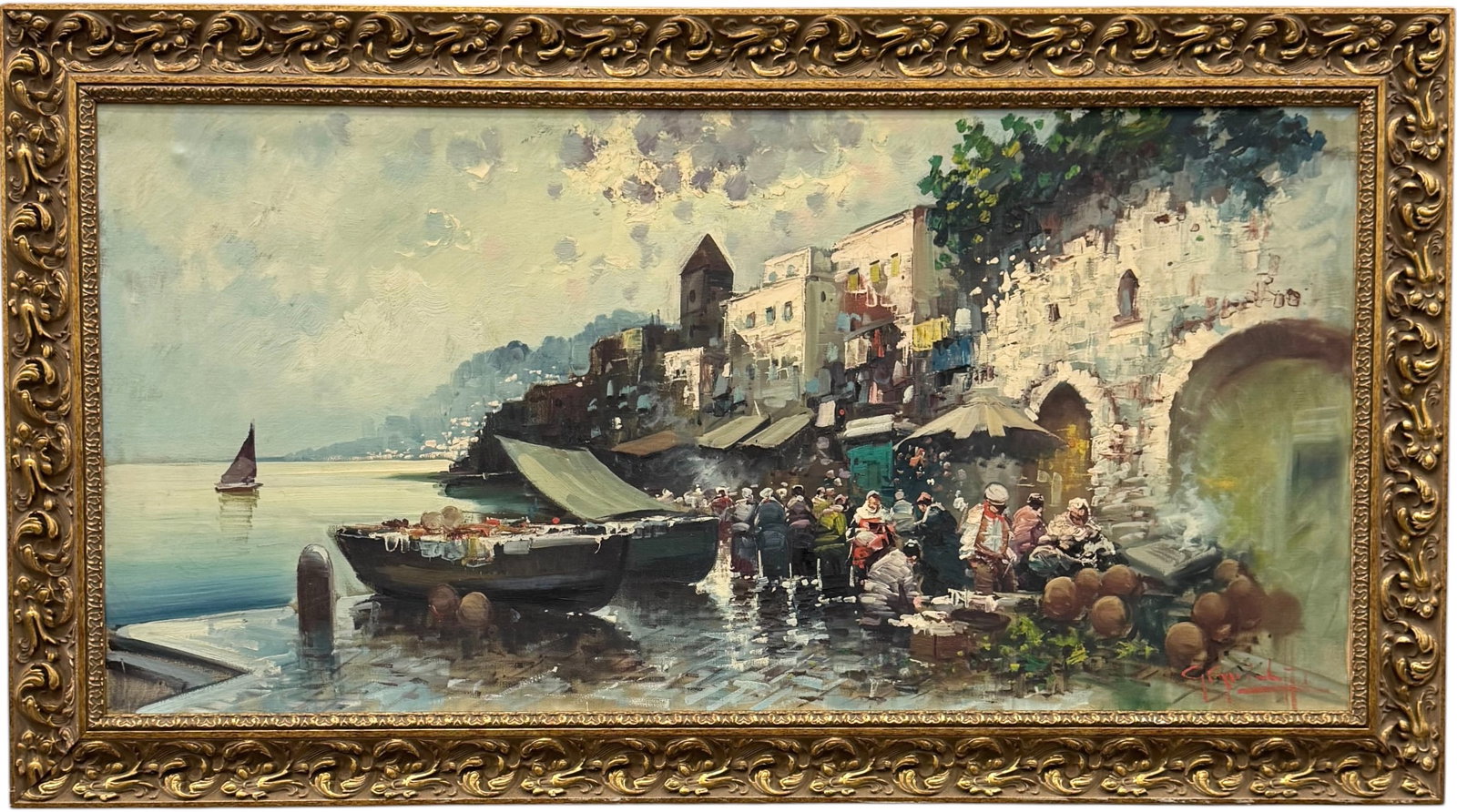 Large Italian School Mediterranean Coastal Scene Signed Oil On Canvas 54": Oil painting on canvas 47 x 23 in, 54 x 30 in. Oversized item. Domestic Flat Shipping Price: $280