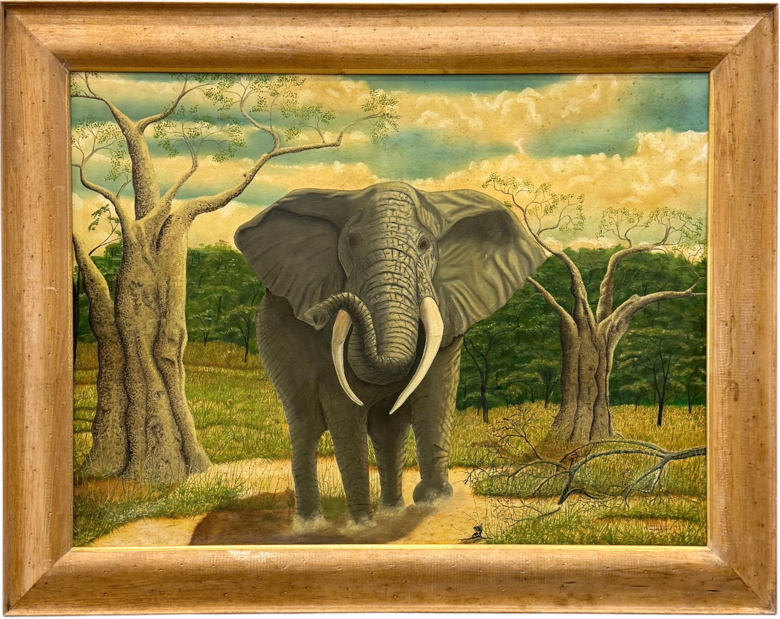 Large Vintage Painting Of An African Elephant In Landscape Signed Oil On Canvas (1 of 4)