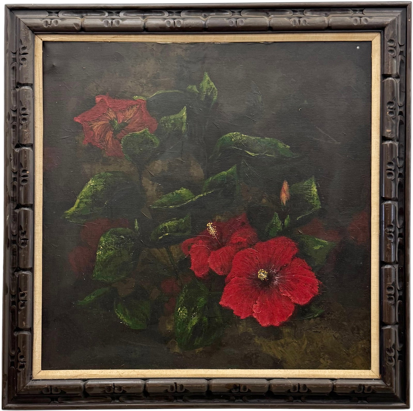 Large Ameican Moody Floral Still Life Of Red Hibiscus Signed Oil On Canvas 44": Oil painting on canvas 36 x 36 in, 44 1/2 x 44 1/4 in (framed). Domestic Flat Shipping Price: $280