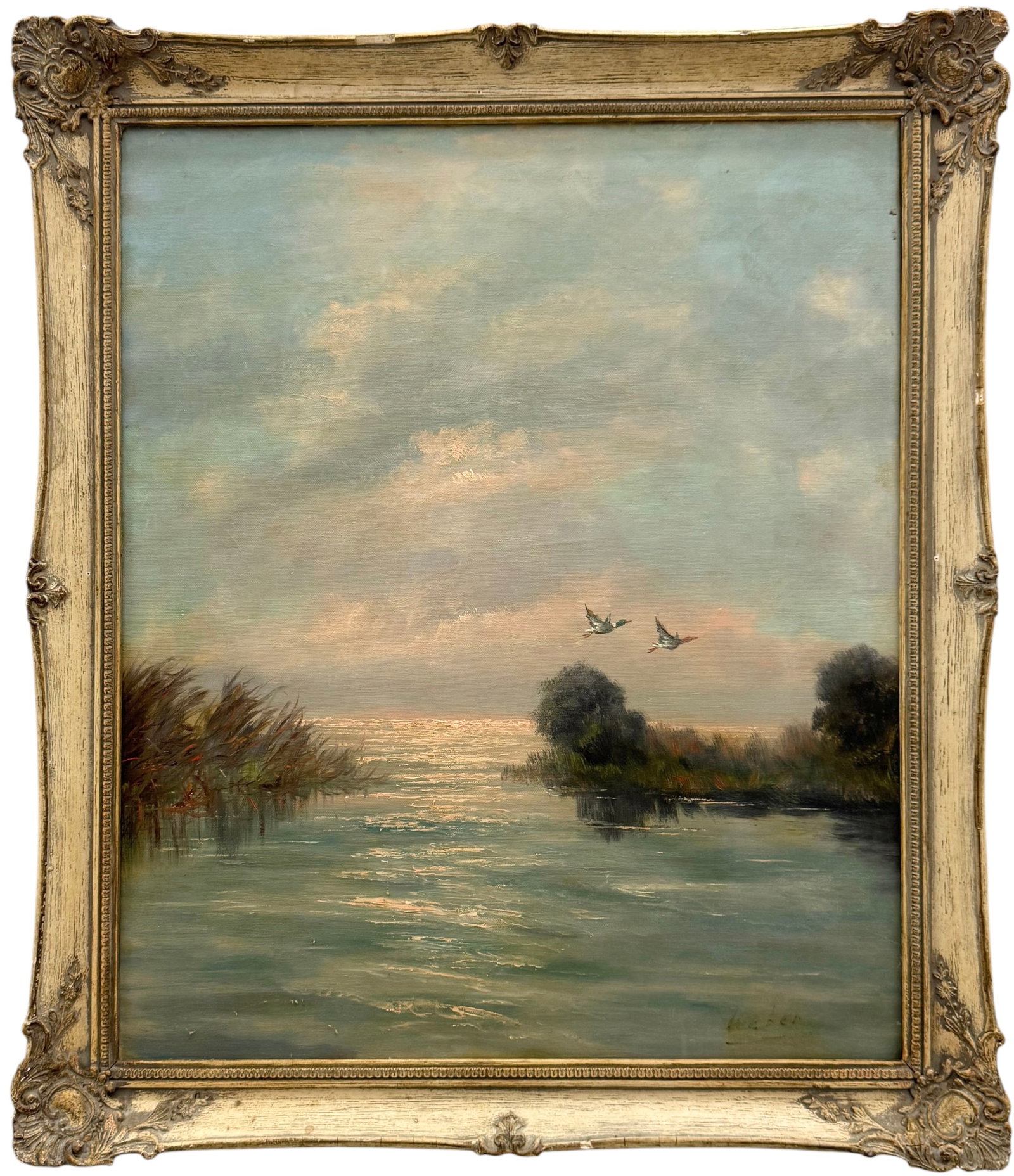20th c American Impressionist Waterfowl Flying Over Marsh in Gilt Frame Faded Sig: Oil painting on canvas 24 x 20 in, 28 x 24 in (framed). Domestic Flat Shipping Price: $80