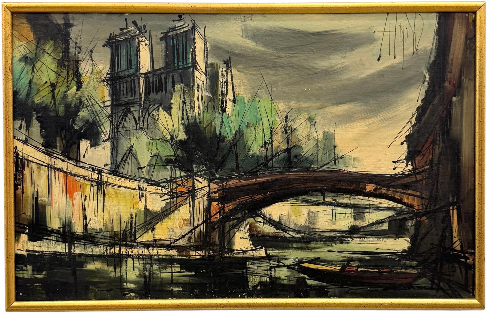 Mid-Century Paris School Canal City Scene Signed Oil On Canvas (1 of 3)