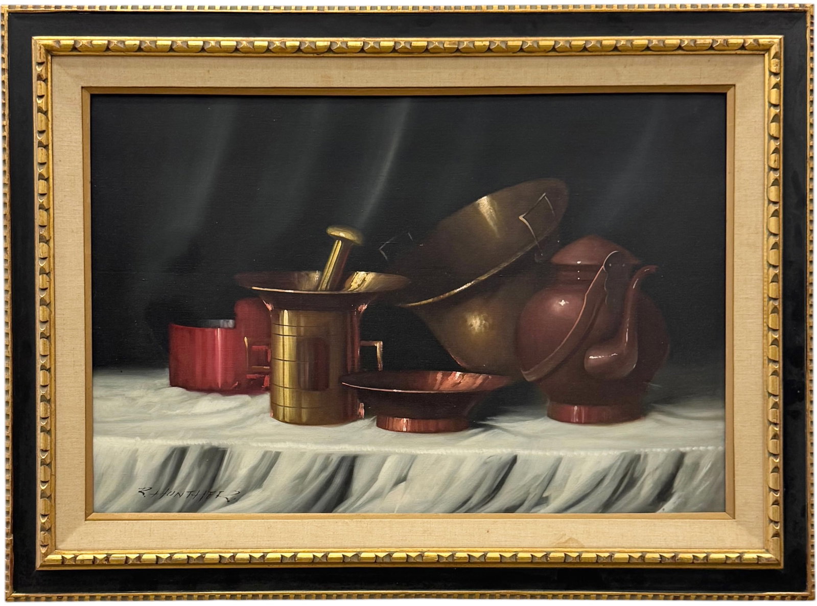 20th c American Still Life with Brass Mortar and Copper Vessels, Signed (1 of 3)