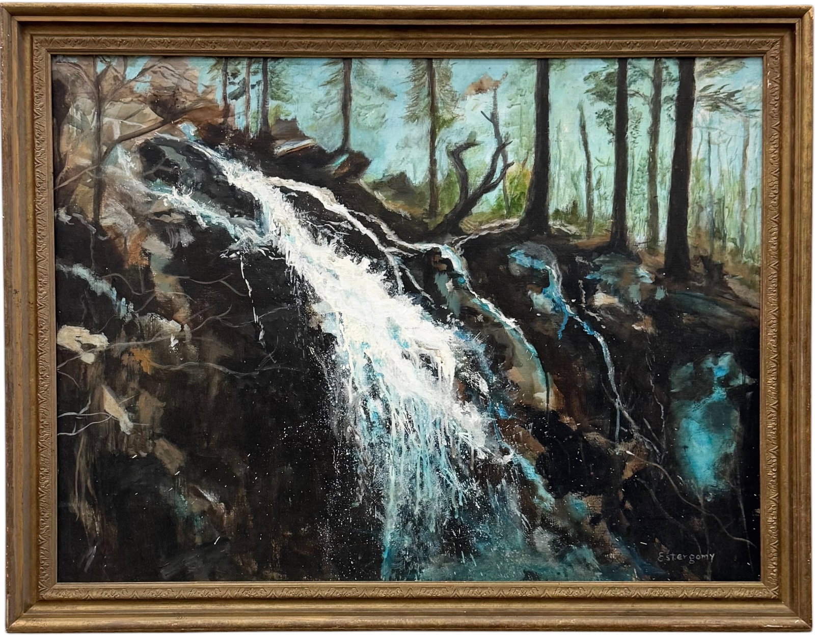 Large Expressionist Woodland Waterfall Large Oil Painting Signed Estergomy: Oil painting on canvas 39 1/2 x 30 in, 45 x 35 in (framed). Domestic Flat Shipping Price: $120