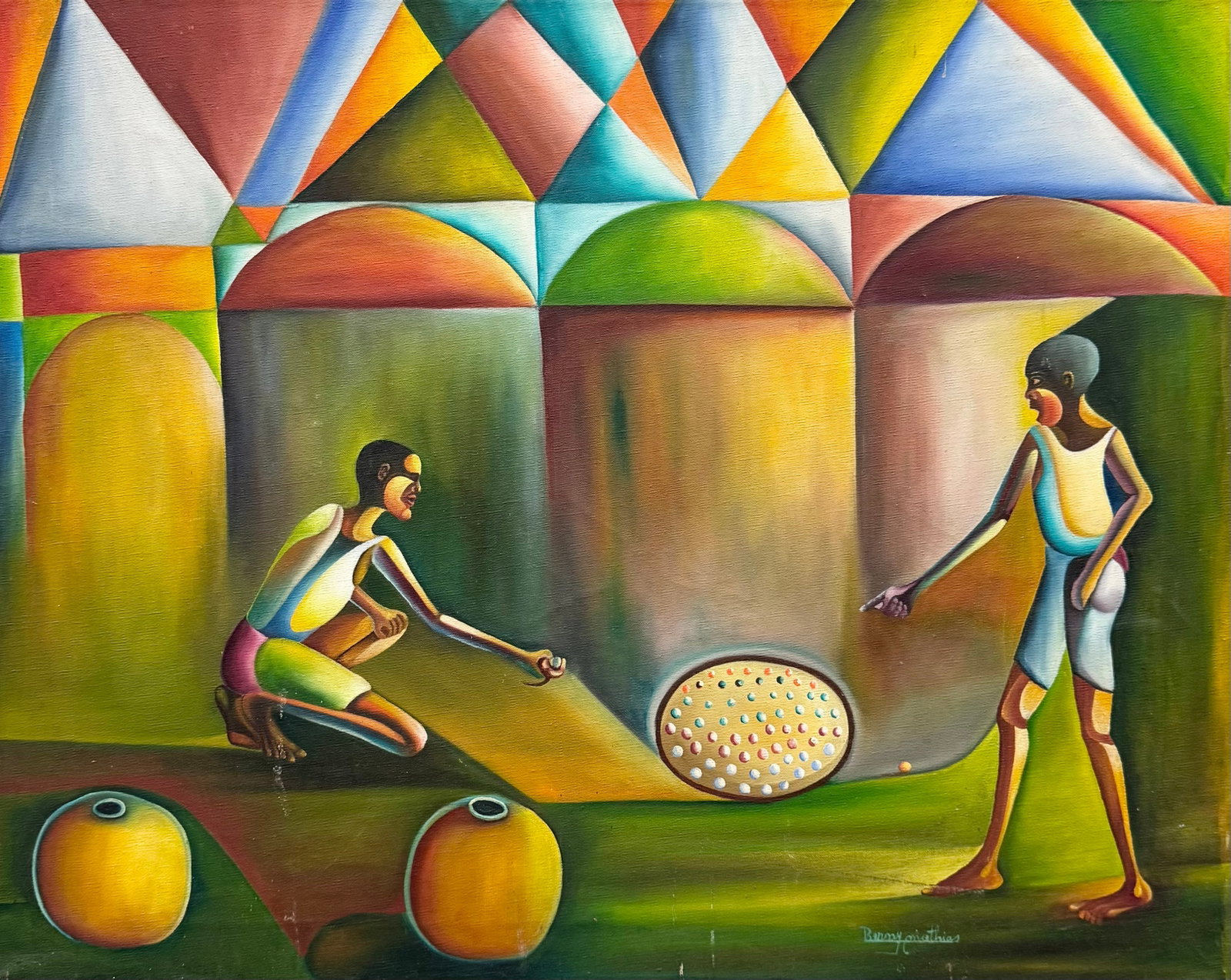 BENNY MATHIAS (20th c, Haitian) Figures Playing A Game In Village: Oil painting on canvas 30 x 24 in. Domestic Flat Shipping Price: $80