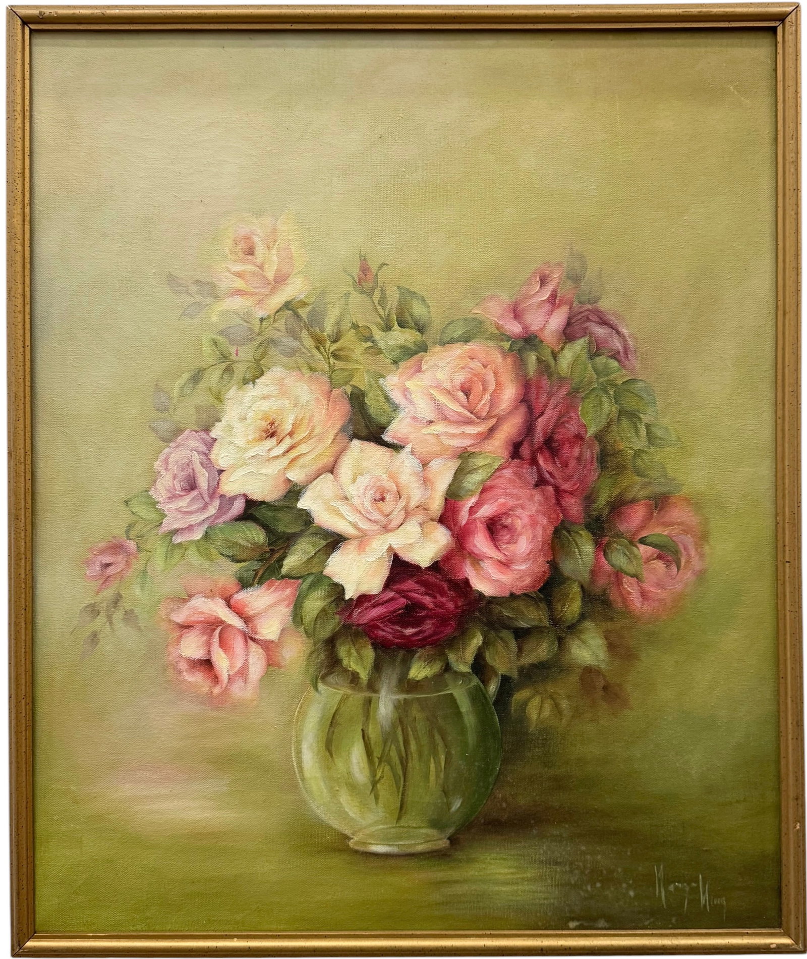Mid-Century American Still Life Of Flowers Signed Oil On Canvas: Oil painting on canvas 24 x 20 in, 25 1/2 x 21 1/2 in (framed). Domestic Flat Shipping Price: $60