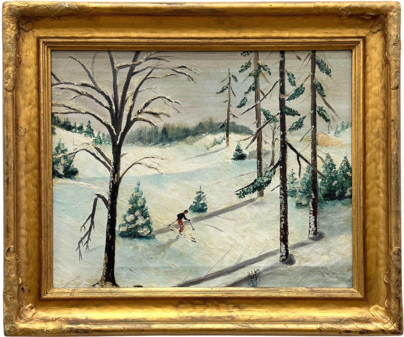Circa 1940's American School Winter Mountain Skiing Scene Oil On Canvas (1 of 7)