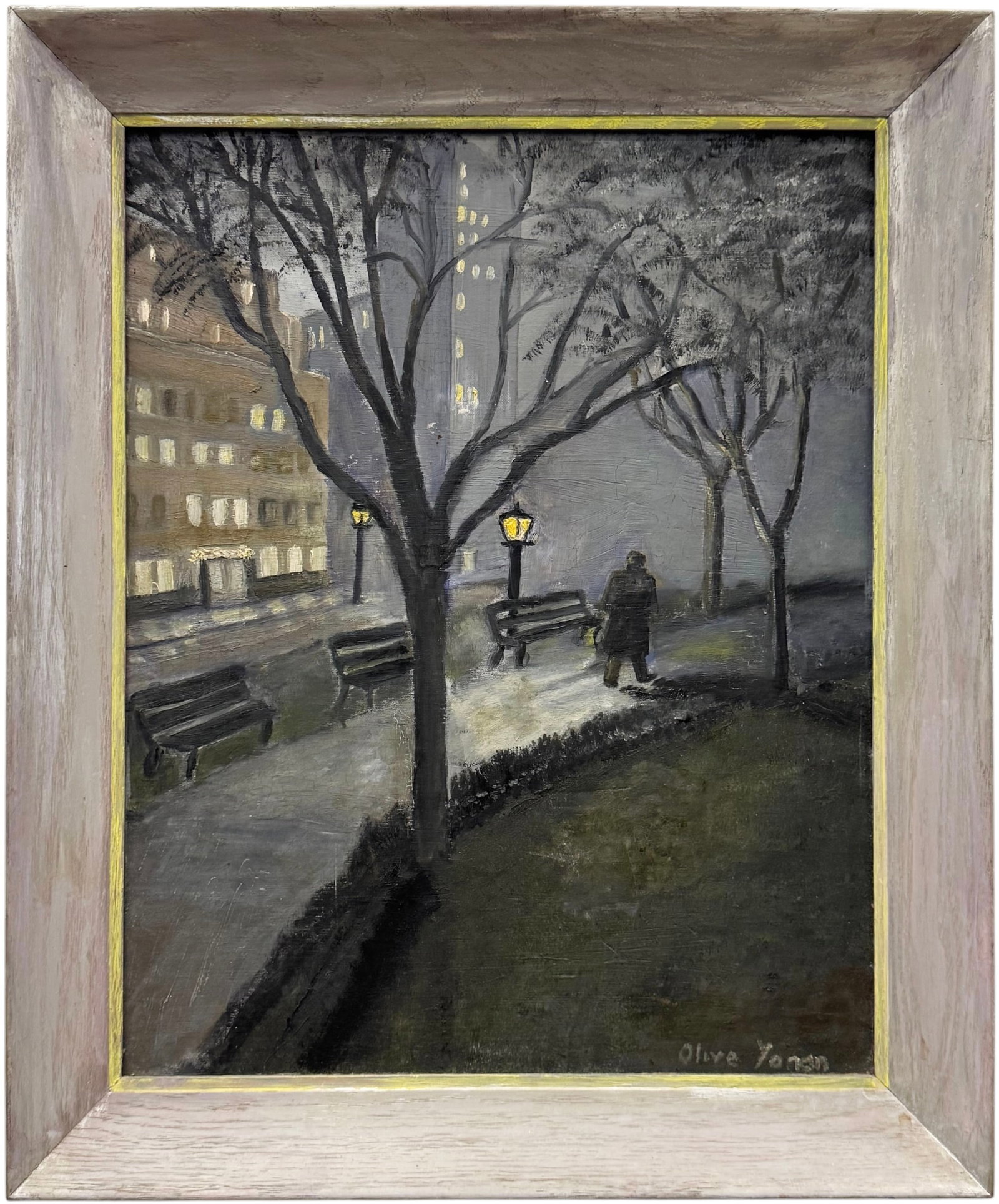 OLIVE YONAN (20th c, American) "Solitary"Moody Atmospheric Park At Night (1 of 4)