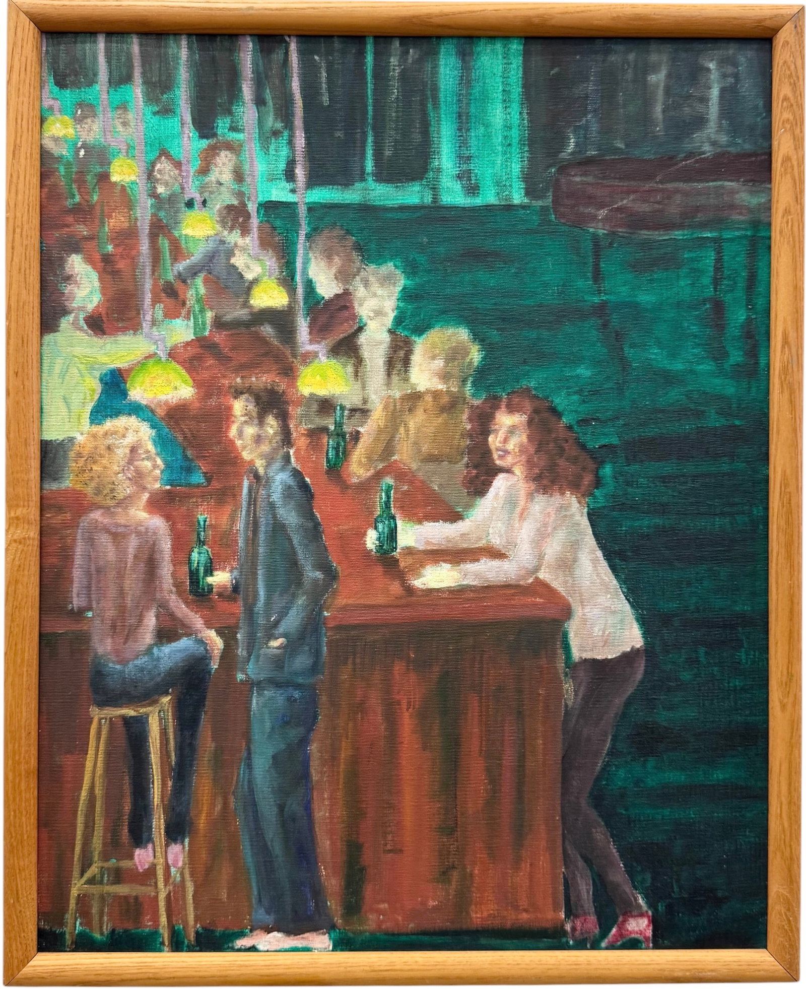 LIZ DEMAREE (20th c, American) Maxwell's Tavern Hoboken New Jersey Bar Scene: Oil painting on board 20 x 16 in, 21 x 17 in (framed). Domestic Flat Shipping Price: $55