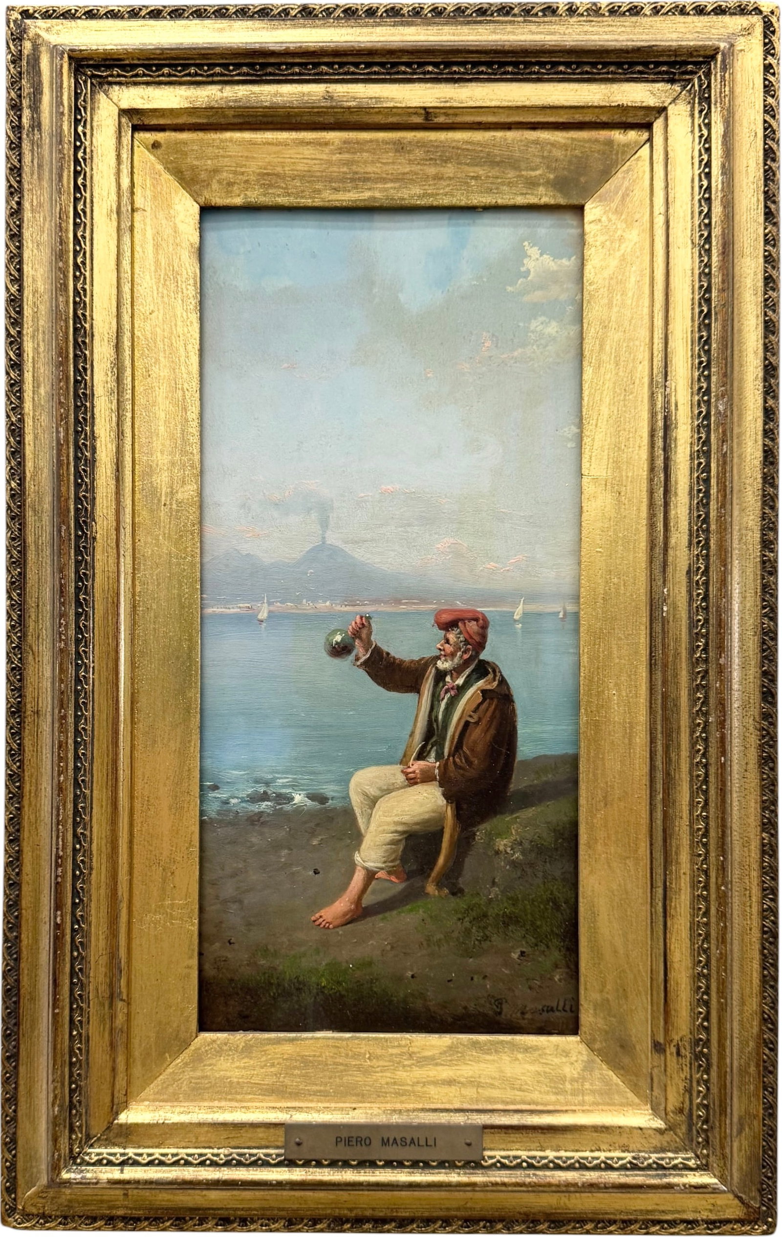 19th Century Italian School - A Neapolitan Fisherman on the Shore, Vesuvius Beyond: Oil painting on canvas 12 3/4 x 6 1/2 in, 17 3/4 x 11 1/2 in (framed). Domestic Flat Shipping Price: $55
