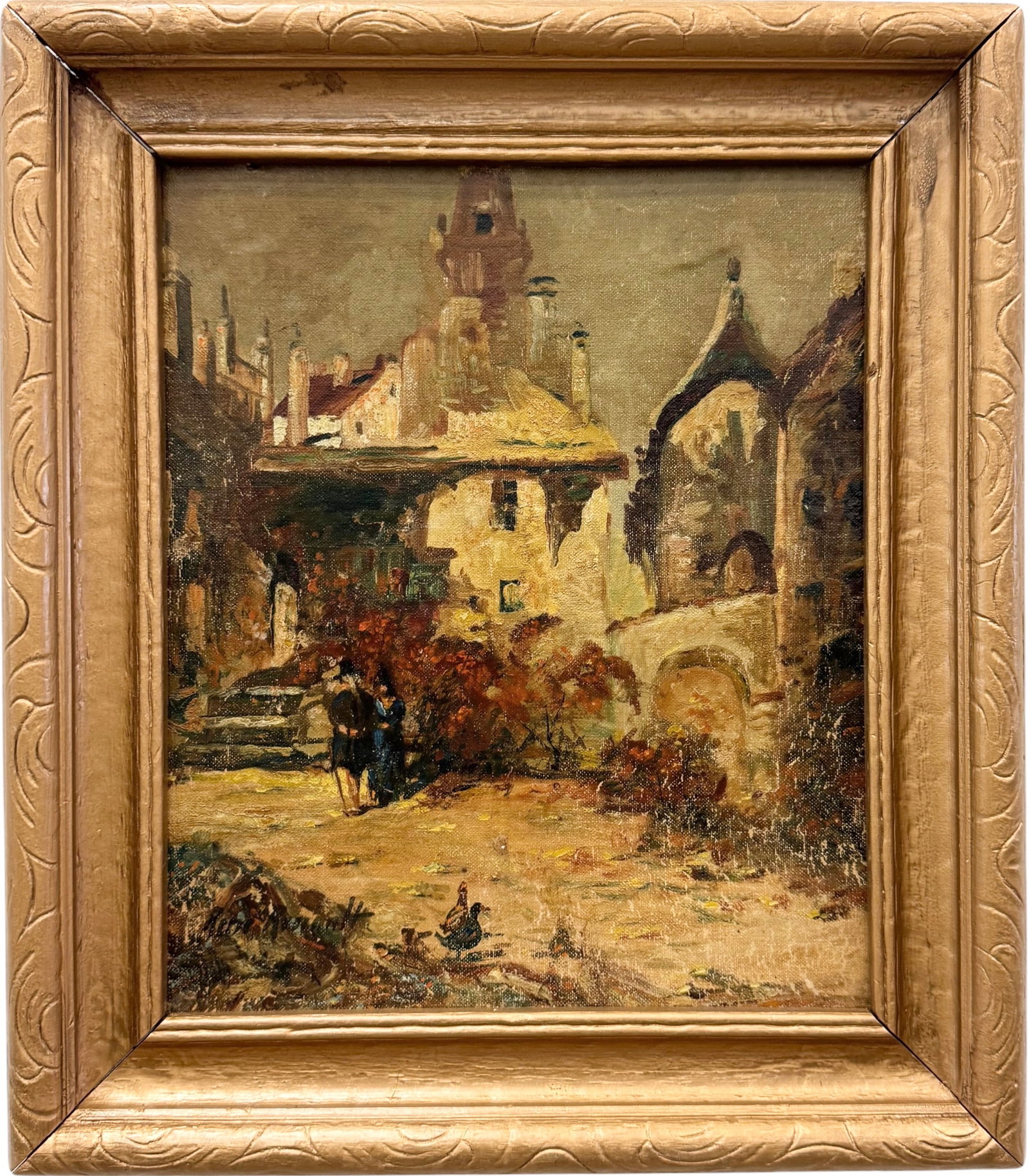 19th-Century French School Romantic Village Signed Signed Oil Painting: Oil painting on board 12 x 10 in, 15 1/2 x 13 1/2 in (framed). Domestic Flat Shipping Price: $45