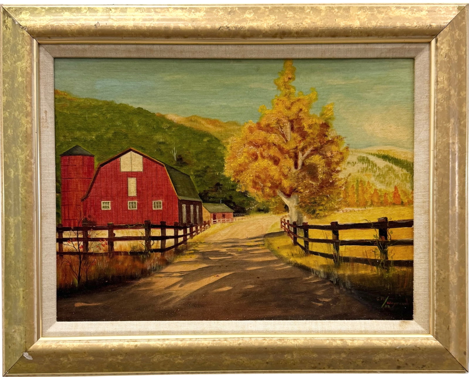20th c American School Rural Farm Landscape Signed Oil Painting: Oil painting on board 16 x 12 in, 20 x 16 in (framed). Domestic Flat Shipping Price: $55
