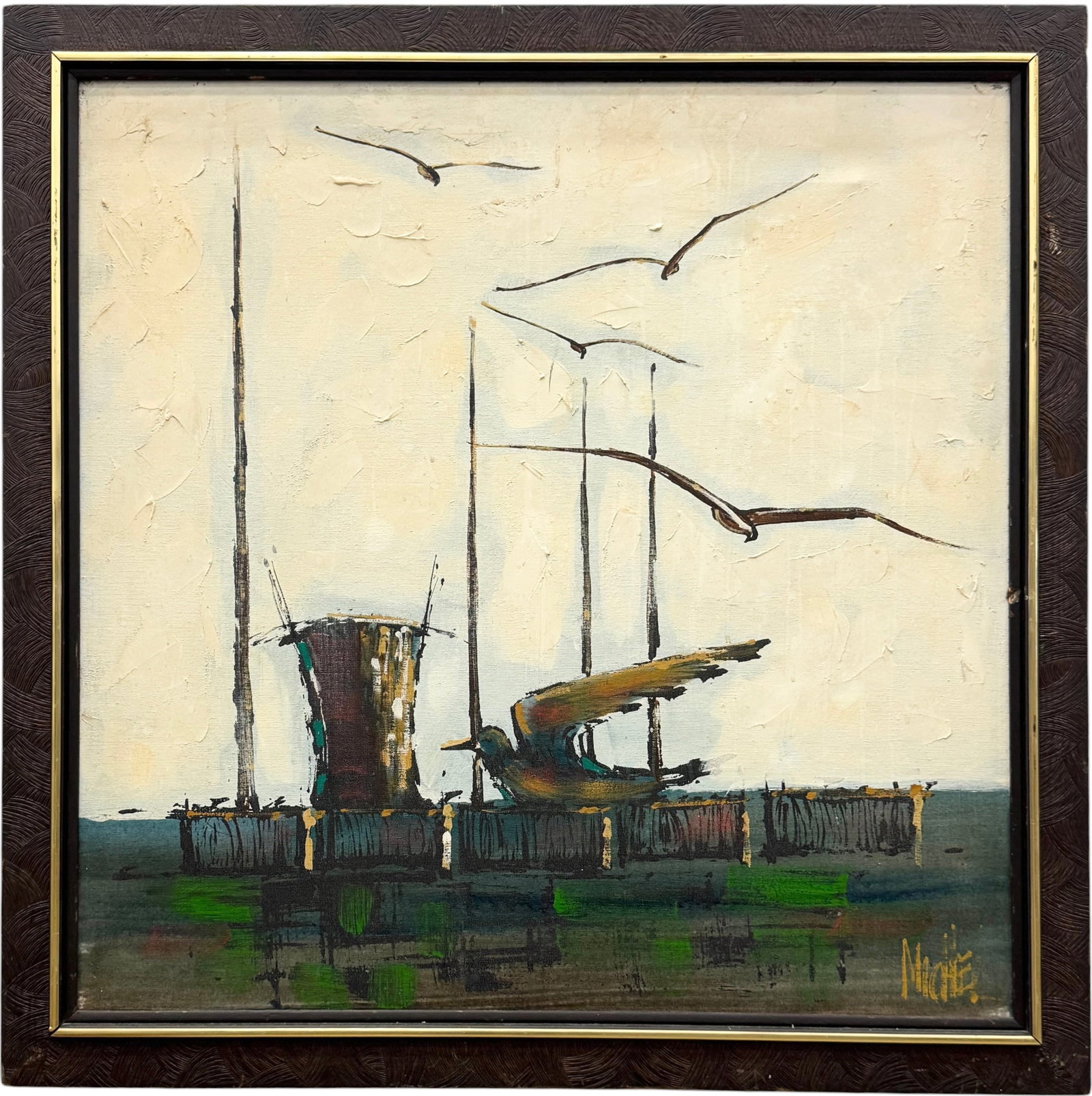 Mid-Century Modern Seagualls At The Dock Signed Oil On Canvas: Oil painting on canvas 30 x 30 in, 34 1/2 x 34 1/2 in (framed)