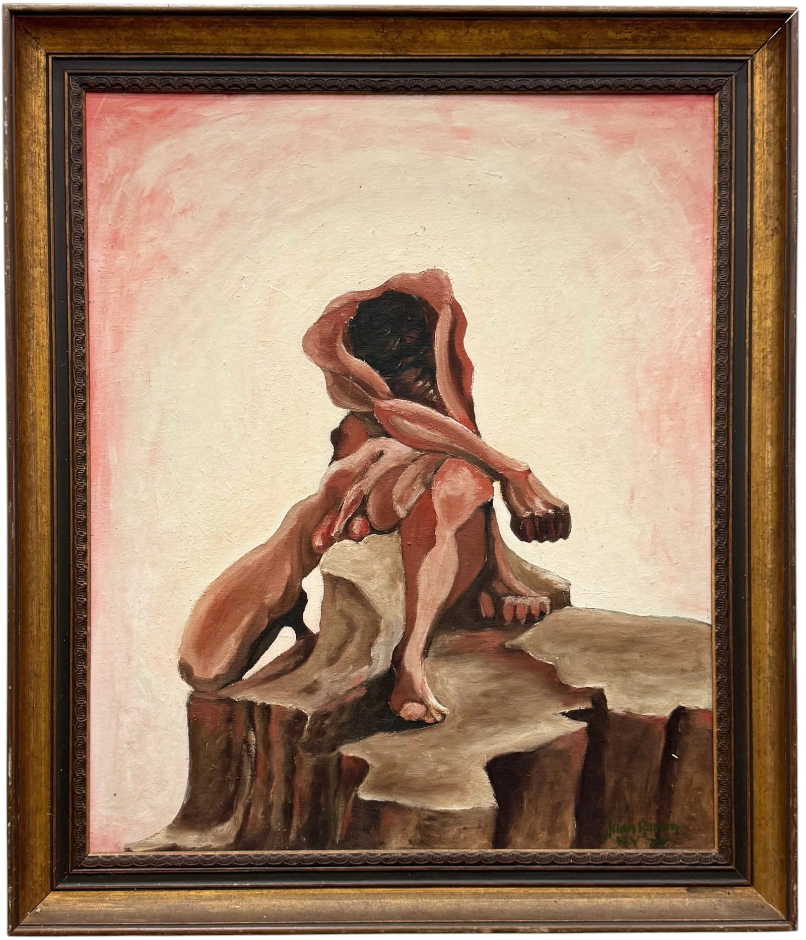 JUAN RAMON 1970's Surrealism Distorted Nude Male Figure: Oil painting on board 24 x 20 in, 28 x 24 in (framed). Domestic Flat Shipping Price: $80