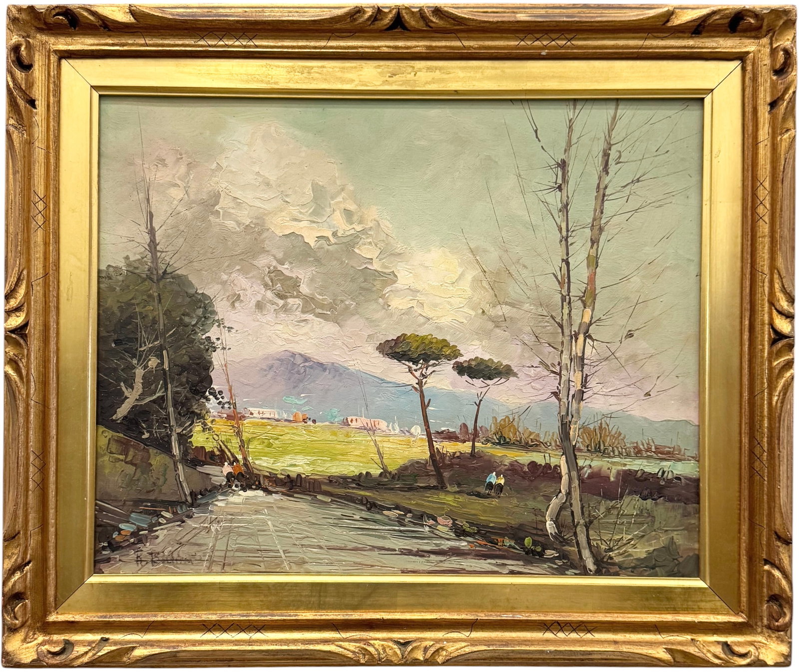 Mid-Century Italian School Landscape Signed Oil On Canvas: Oil painting on canvas 21 x 17 in, 25 1/2 x 21 1/2 in (framed). Domestic Flat Shipping Price: $55