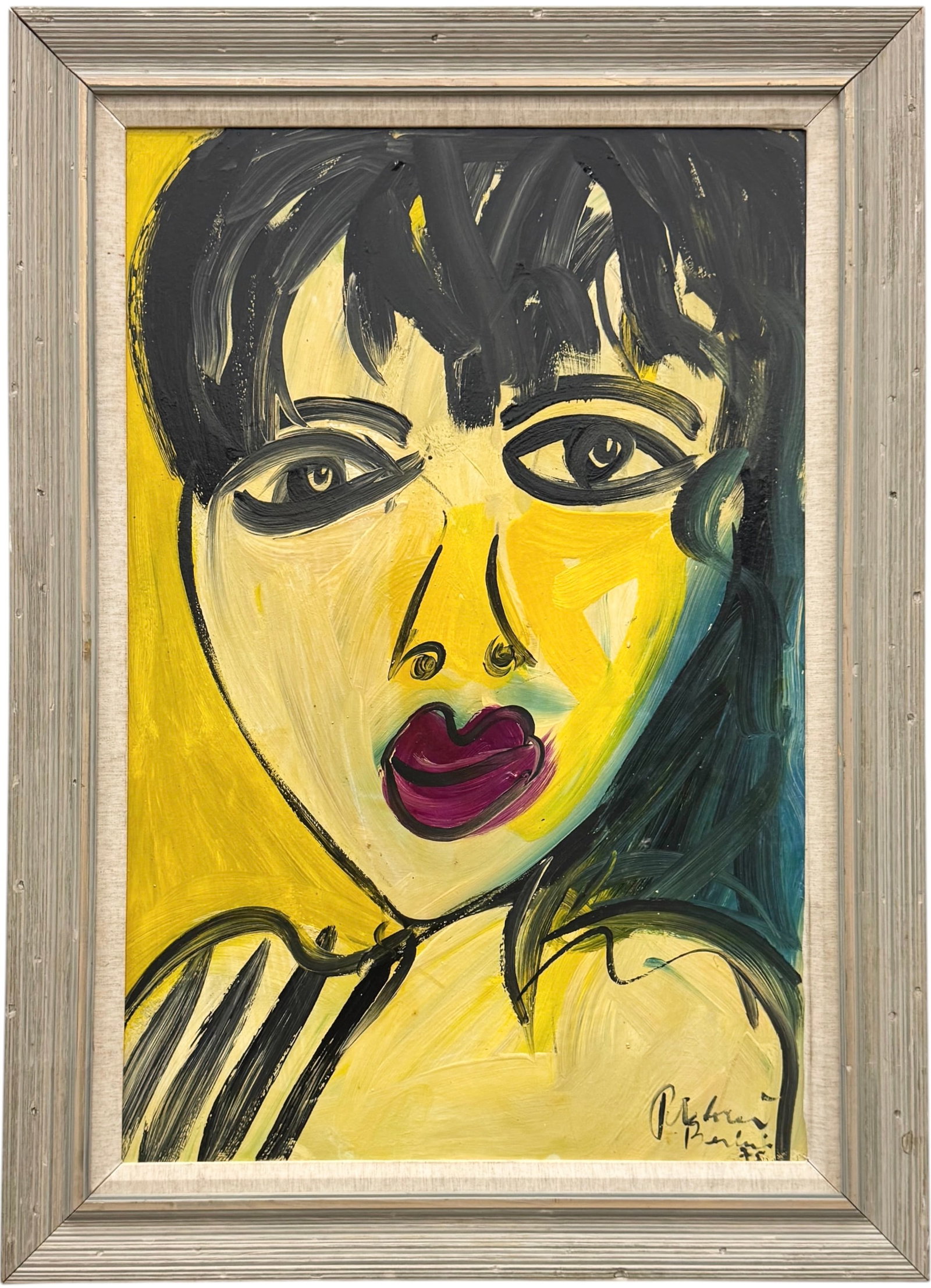 PETER KEIL (20th c, German American) Potrait Of Nicole: Acrylic on masonite 36 x 24 in, 43 1/2 x 31 1/2 in (framed). Domestic Flat Shipping Price: $120