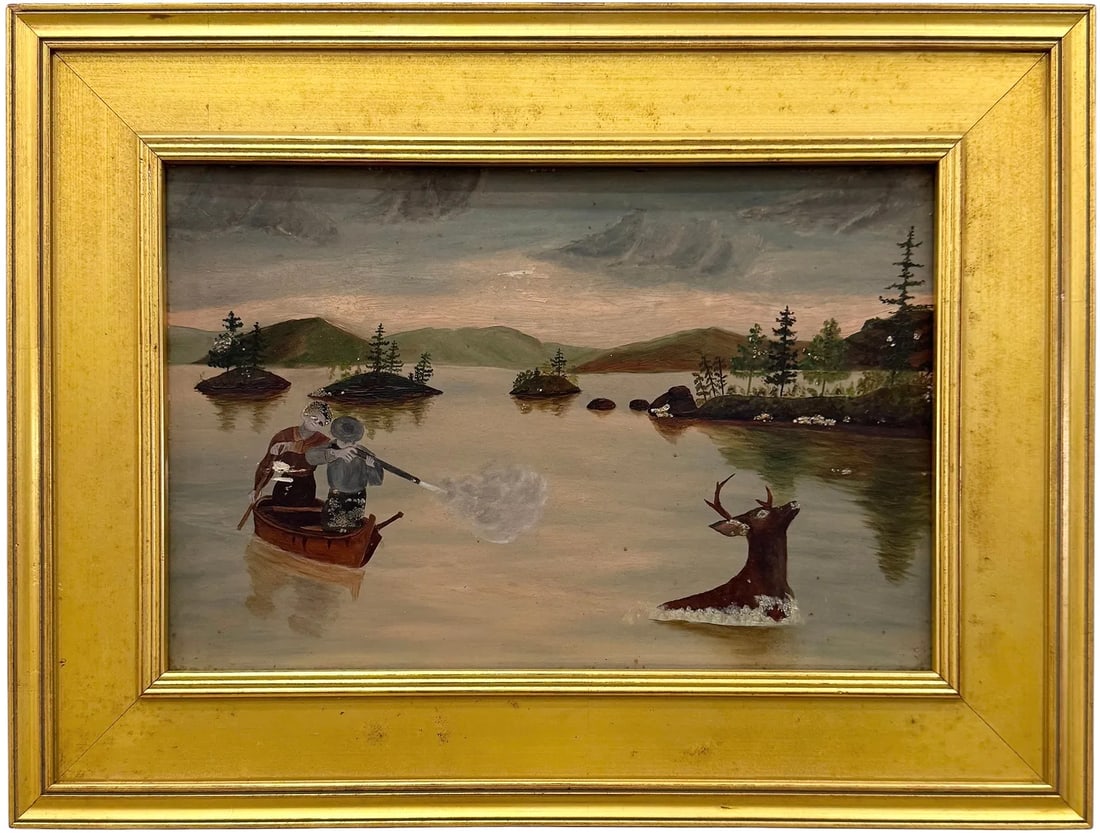19th Century American School Primitive Hunt Scene Oil On Academy Board (1 of 3)