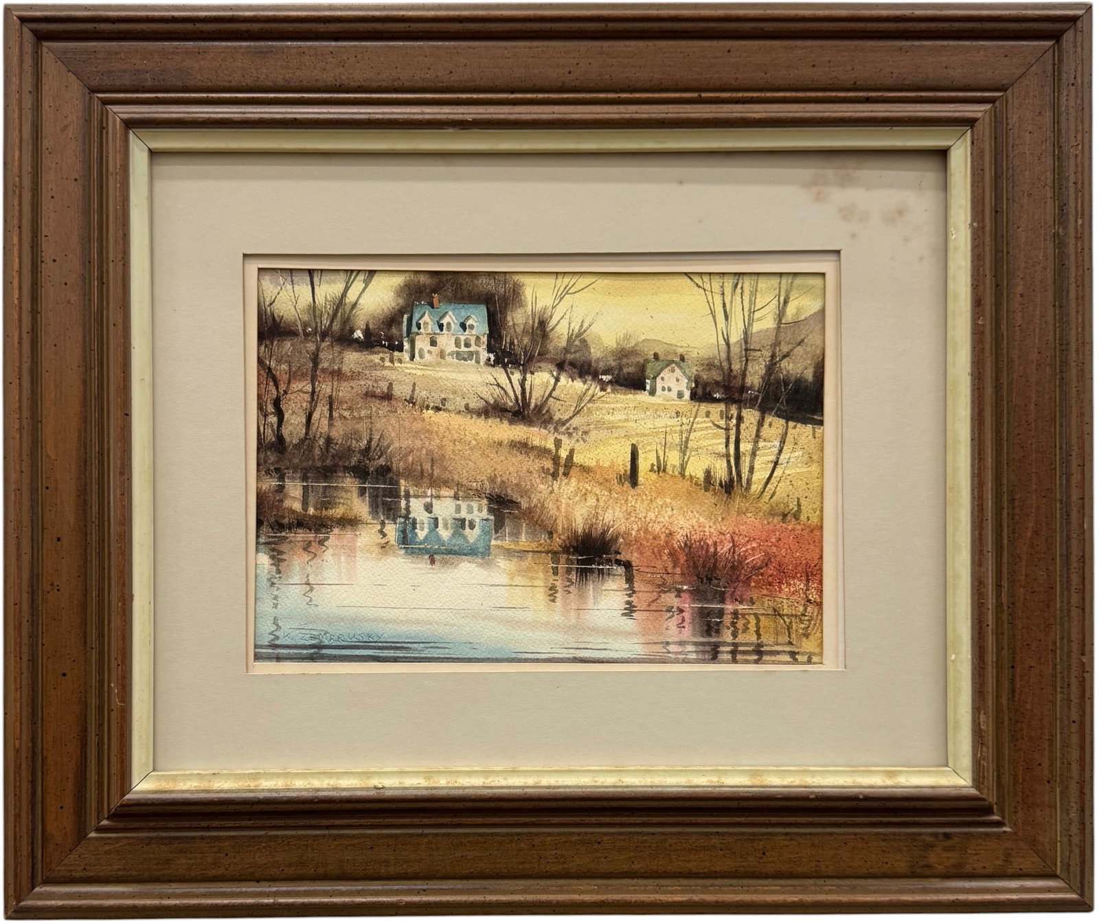 KARL ZEMBRUSKY (20th c, American) Landscape With Houses: Watercolor on paper 9 1/2 x 6 1/2 in (image), 18 1/4 x 15 1/4 in (framed). Domestic Flat Shipping Price: $45