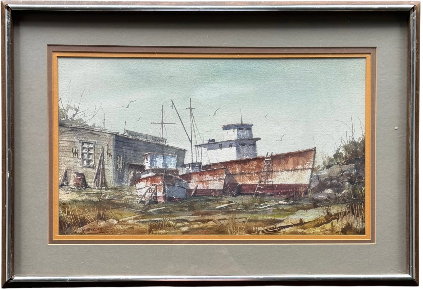 ROLANDAS VILKAUSKAS (b. 1963, American) Wildwood, New Jersey Boats: Watercolor on paper 17 1/4 x 10 in, 23 1/4 x 16 in (framed). Domestic Flat Shipping Price: $70