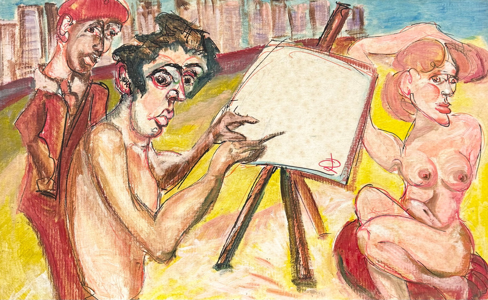 FARNKLIN LEVY (20th c, American) Artist Studio Nude: Mixed media on board 31 1/2 x 19 1/2 in. Domestic Flat Shipping Price: $70