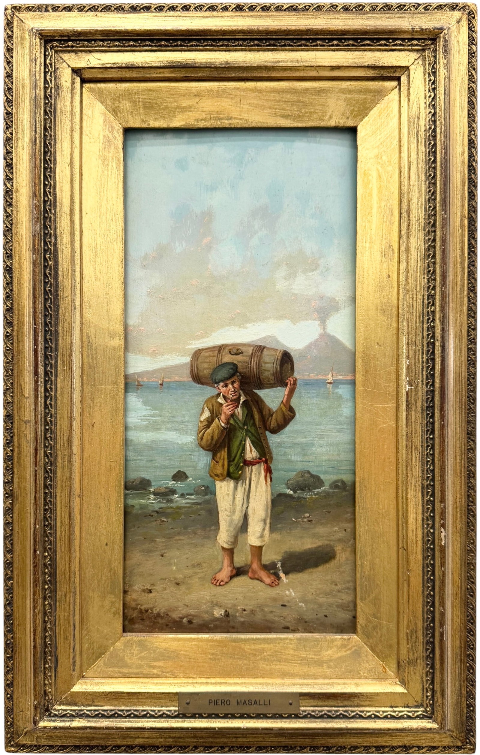 19th Century Italian School - A Neapolitan Fisherman on the Shore, Vesuvius Beyond: Oil painting on canvas 12 3/4 x 6 1/2 in, 17 3/4 x 11 1/2 in (framed). Domestic Flat Shipping Price: $55