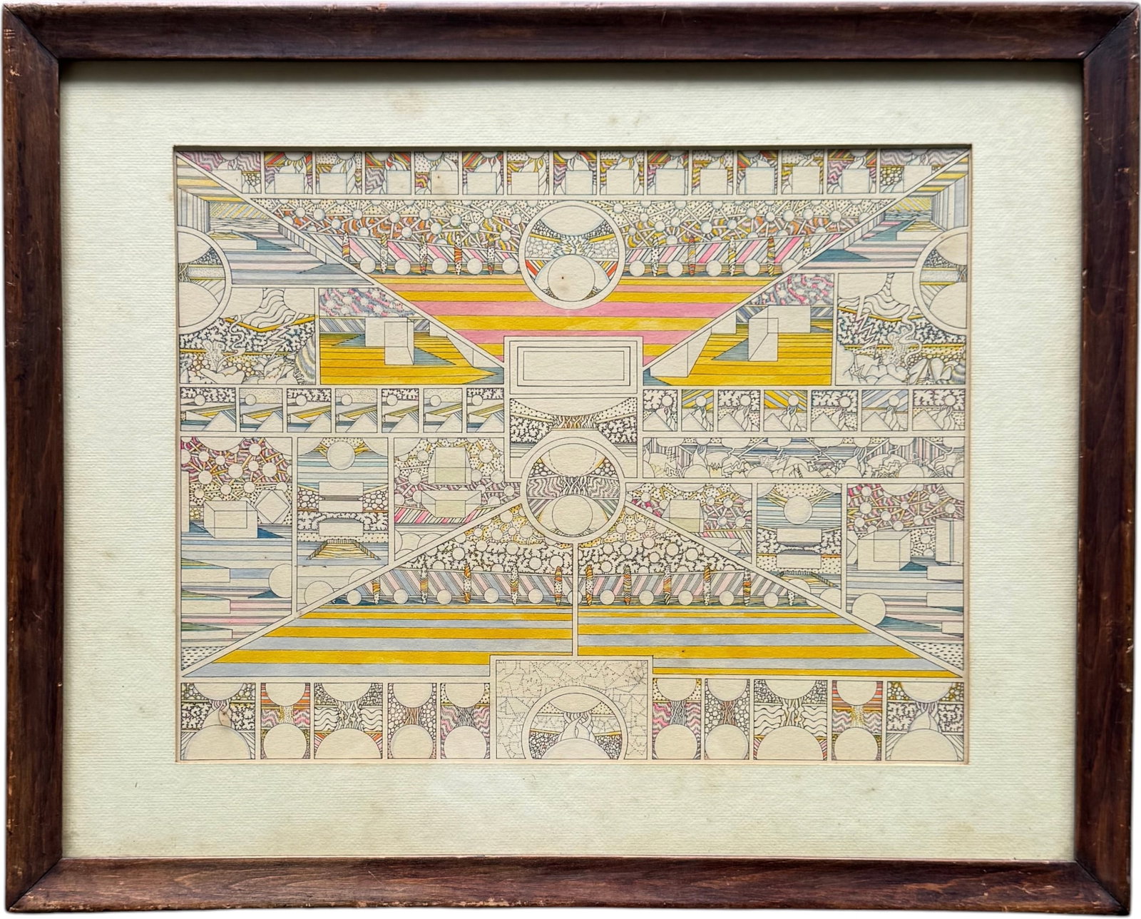 Robert McDonald 1970's American Highly Detailed Geometric Abstract: Ink and watercolor 14 1/2 x 11 1/4 in, 20 3/4 x 16 3/4 in (framed). Domestic Flat Shipping Price: $65