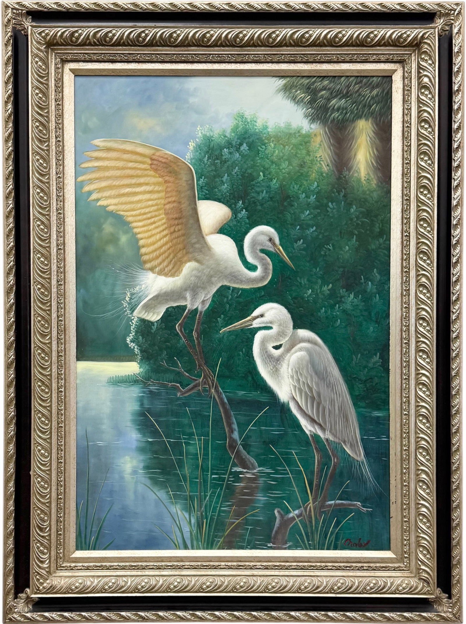 20th Century Florida Everglades Landscape WIth White Egrets: Oil painting on canvas 36 x 24 in, 46 x 34 1/2 in