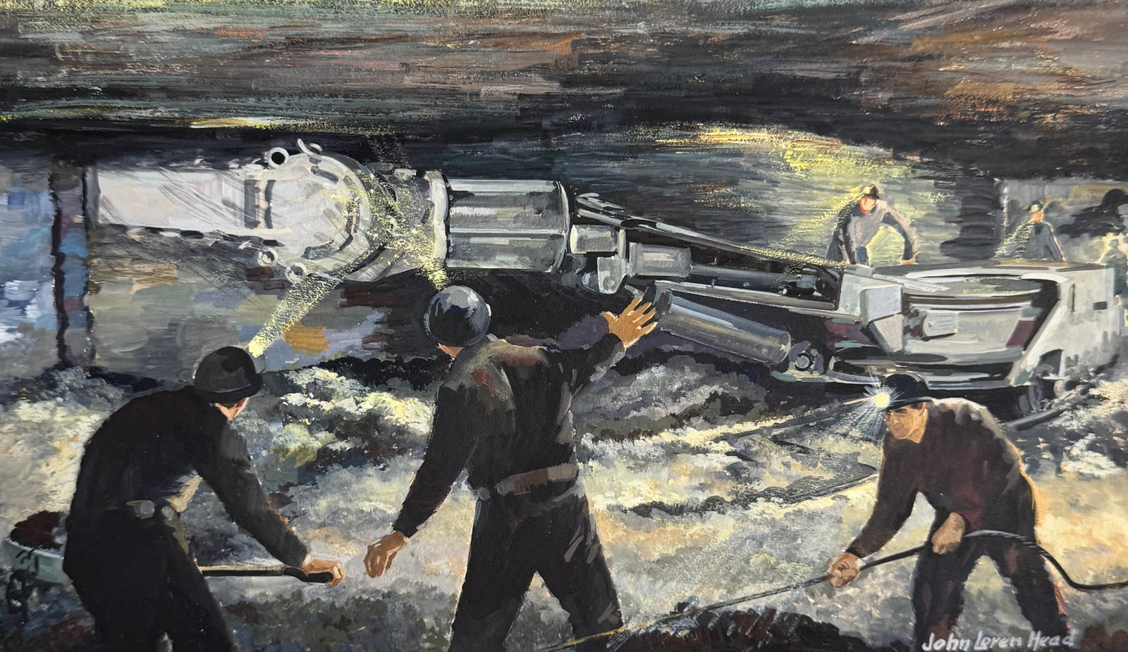 JOHN LOREN HEAD (1913-1997, Virginia) Coal Mining Scene: Gouache on cardboard 13 x 7 1/2 in (image). John Loren Head served as a notable regional painter and former Dean of the New England School of Art in Boston. While widely celebrated for his winter land