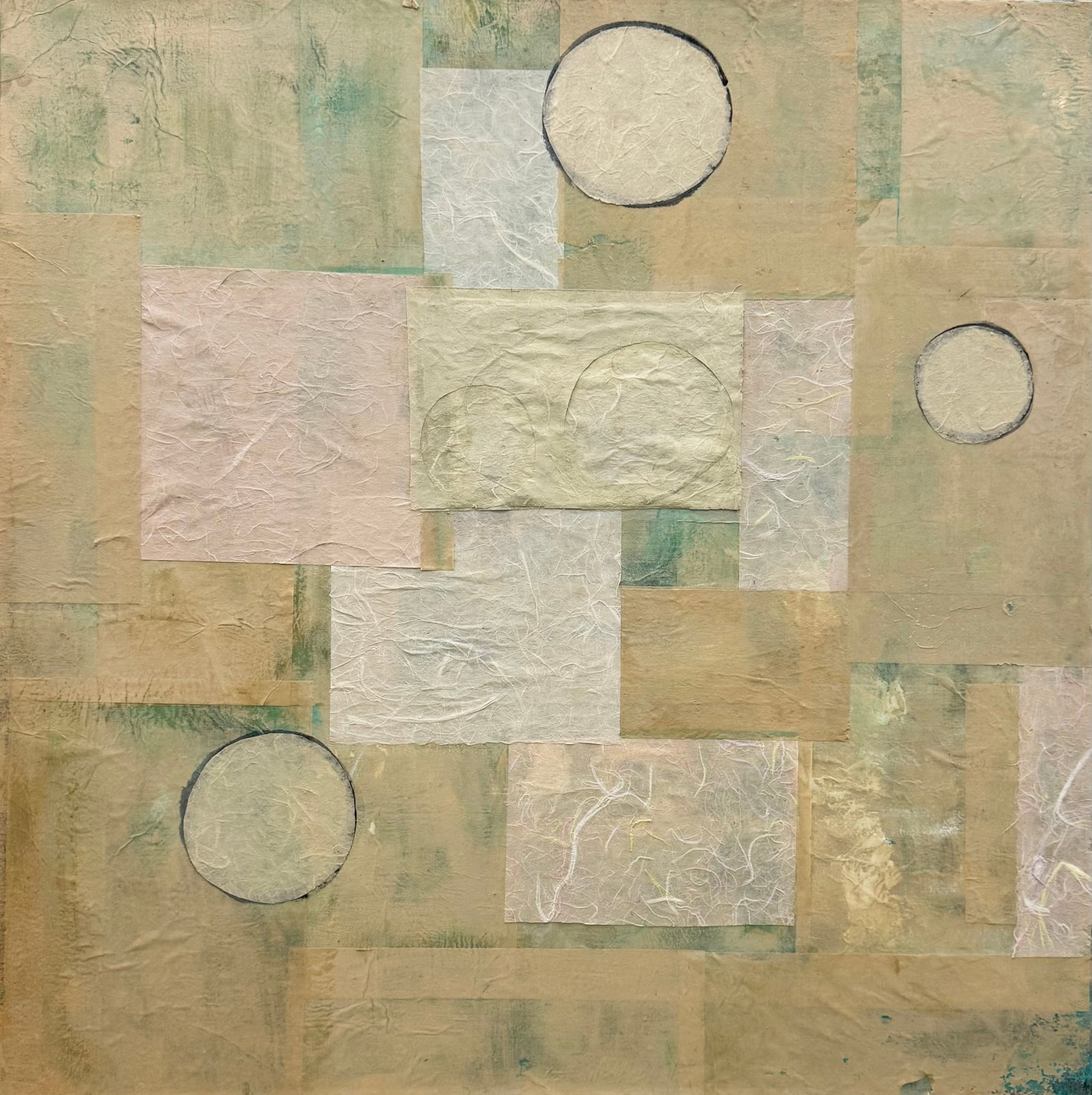 Contemporary American Abstract Expressonist Mixed Media Collage: Mixed media on canvas 36 x 36 in. Domestic Flat Shipping Price: $110
