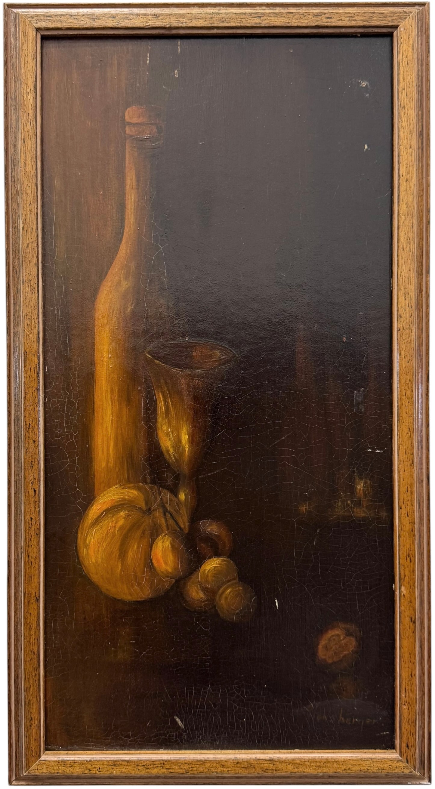 Mid-Century American Modernist Signed Still Life Painting: Oil painting on masonite 24 x 12 in, 26 1/2 x 14 1/2 in (framed). Domestic Flat Shipping Price: $55