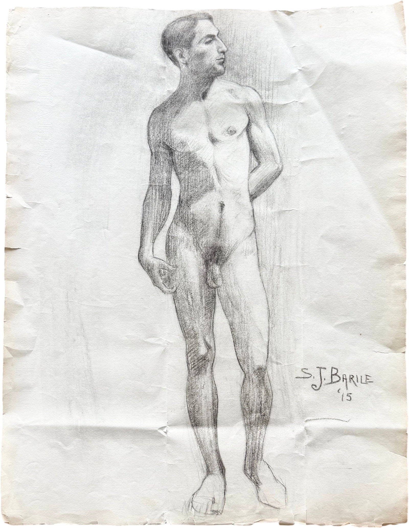 XAVIER J. BARILE (1891–1981, American) Male Nude Fugure Study 1915: Graphite on paper 24 x 18 3/4 in. Domestic Flat Shipping Price: $35. The piece is prominently signed in the lower right as "S. J. Barile" (reflecting his birth name, Saverio) and is dated '15 (1915).