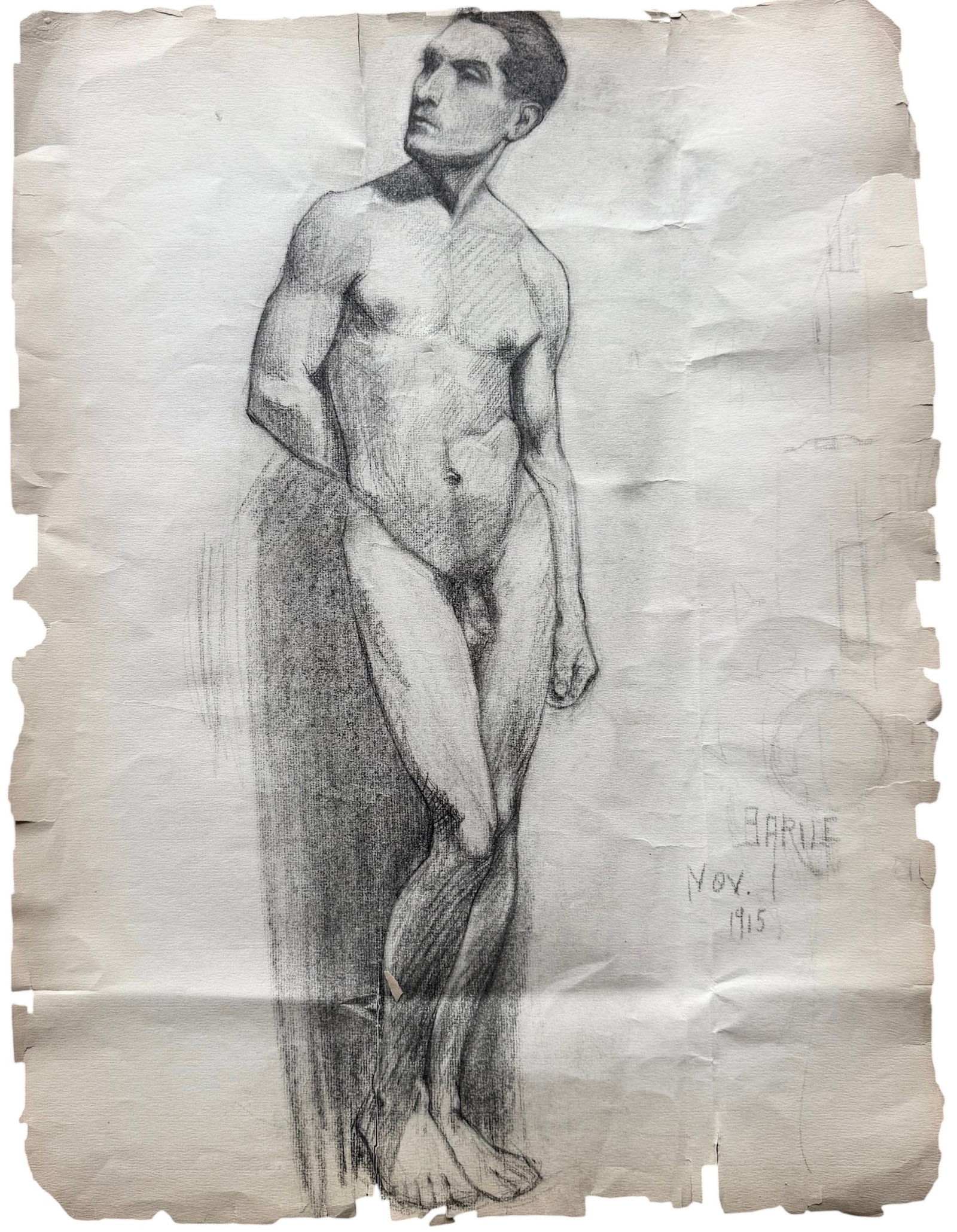 XAVIER J. BARILE (1891–1981, American) Male Nude Fugure Study 1915: Graphite on paper 24 x 18 3/4 in. Domestic Flat Shipping Price: $35. The piece is prominently signed in the lower right as "S. J. Barile" (reflecting his birth name, Saverio) and is dated '15 (1915).