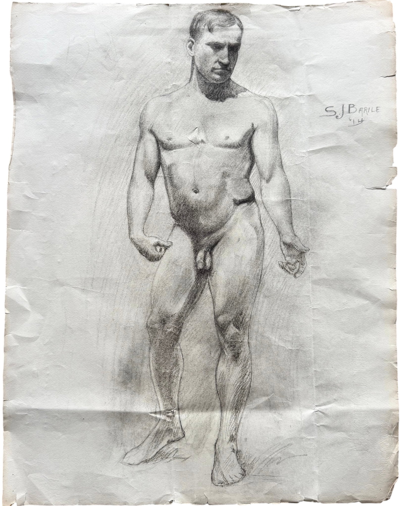 XAVIER J. BARILE (1891–1981, American) Male Nude Fugure Study 1914: Graphite on paper 24 x 18 3/4 in. Domestic Flat Shipping Price: $35. The piece is prominently signed in the lower right as "S. J. Barile" (reflecting his birth name, Saverio) and is dated '14 (1914).