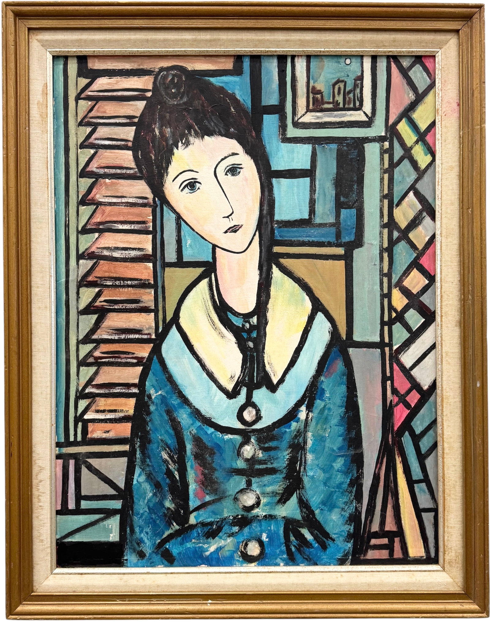 Vintage Latin American School Modernisit Portait Of A Woman: Unsigned. Acrylic painting on board 24 x 18 in, 28 x 22 in (framed). Domestic Flat Shipping Price: $80