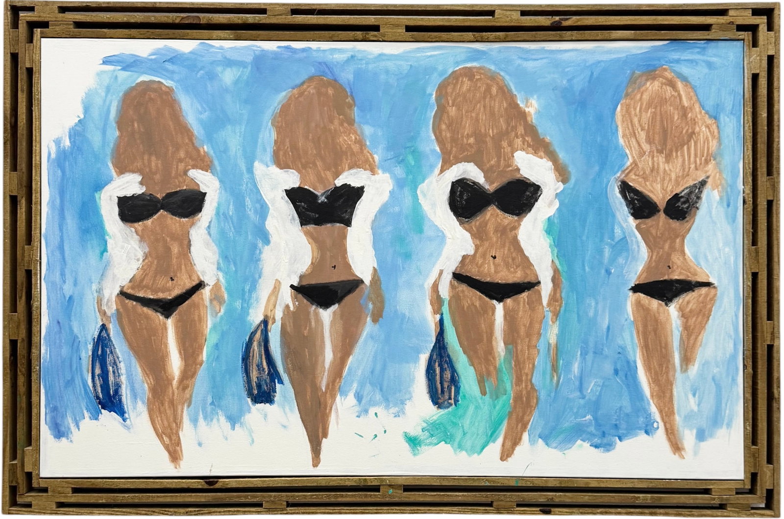Large Contemporary Expressive Four Stylized Women In Black Bikinis On Beach: Acrylic on canvas 48 x 30 in, 53 x 35 1/2 in. Domestic Flat Shipping Price: $280