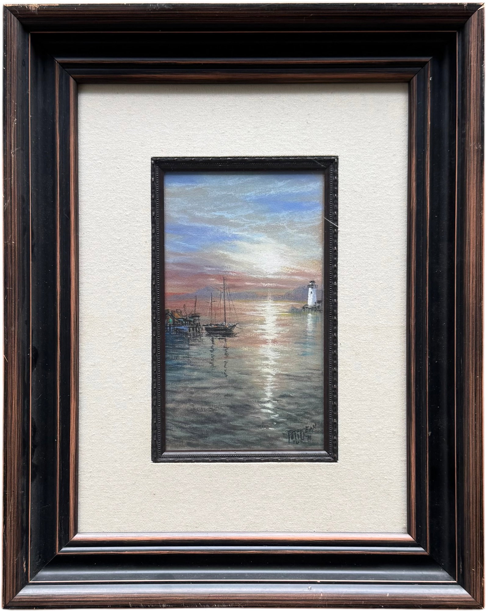 Atmospheric Coastal Harbor Sunset with Docks & Lighthouse, Signed Pastel 1971 (1 of 3)