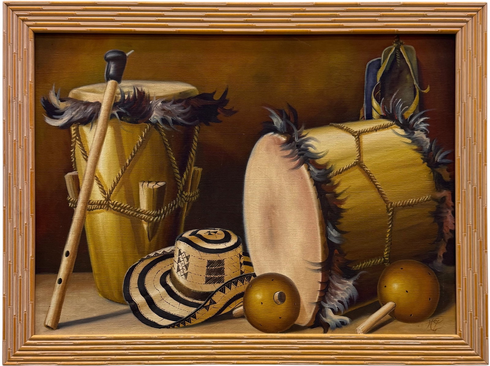 Signed Colombian Still Life Traditional Folk Instruments and Sombrero Vueltiao: Oil painting on canvas 27 x 20 in, 30 1/2 x 23 in (framed). Domestic Flat Shipping Price: $80