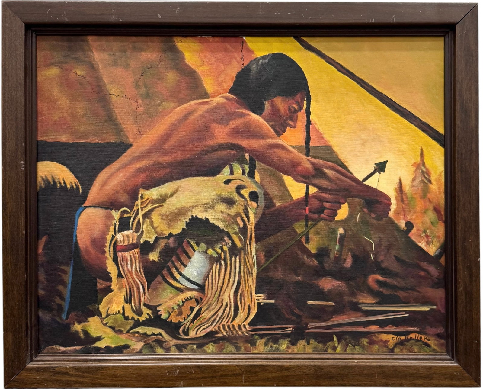 Vintage Western Pueblo Indian Arrow Maker Signed Oil On Canvas (1 of 3)