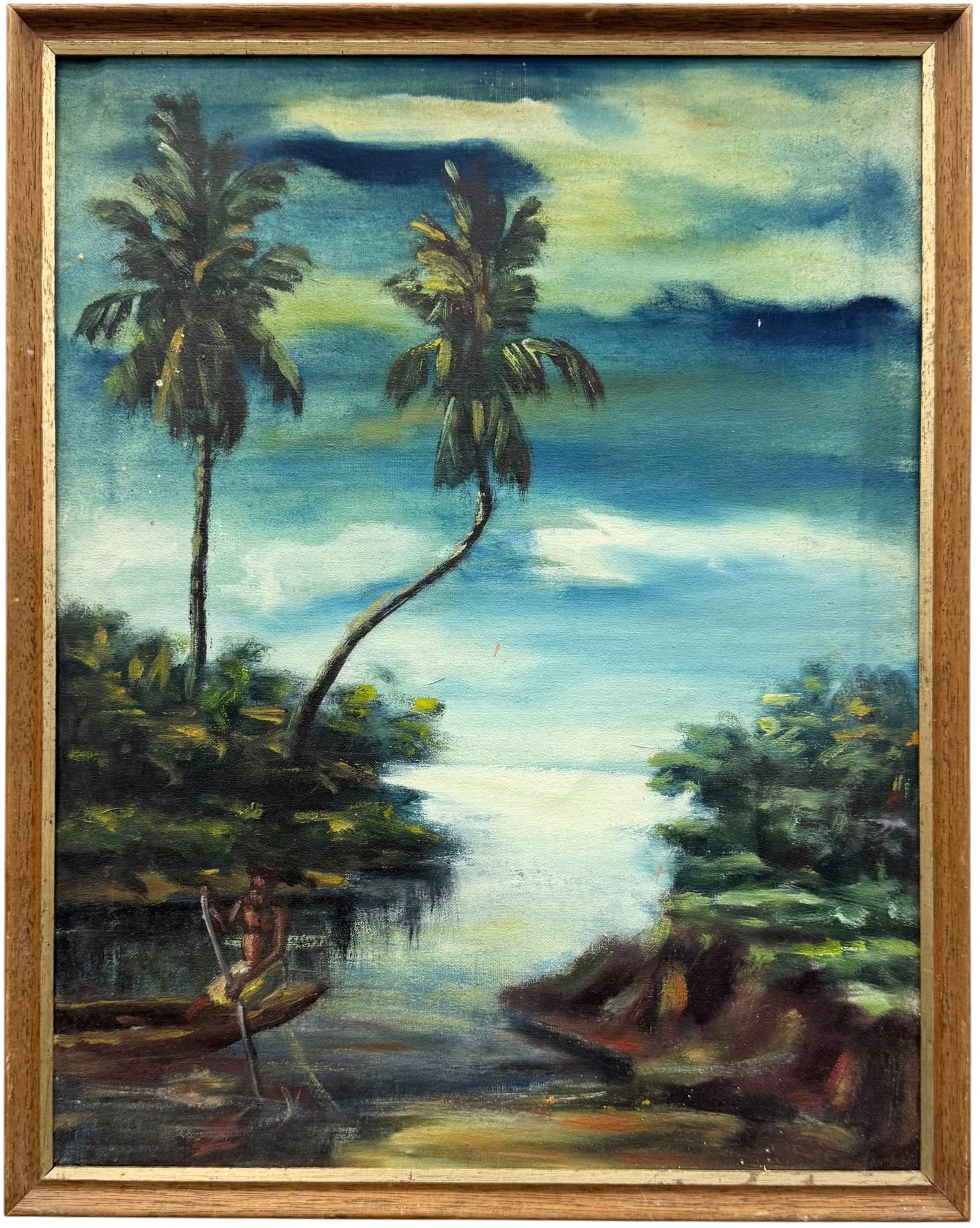 20th Century Impressionist Dramatic Dusk Over a Tropical Lagoon Landscape: Signed Christo verso. Oil painting on canvas 18 x 14 in, 19 1/4 x 15 1/4 in (framed). Domestic Flat Shipping Price: $55