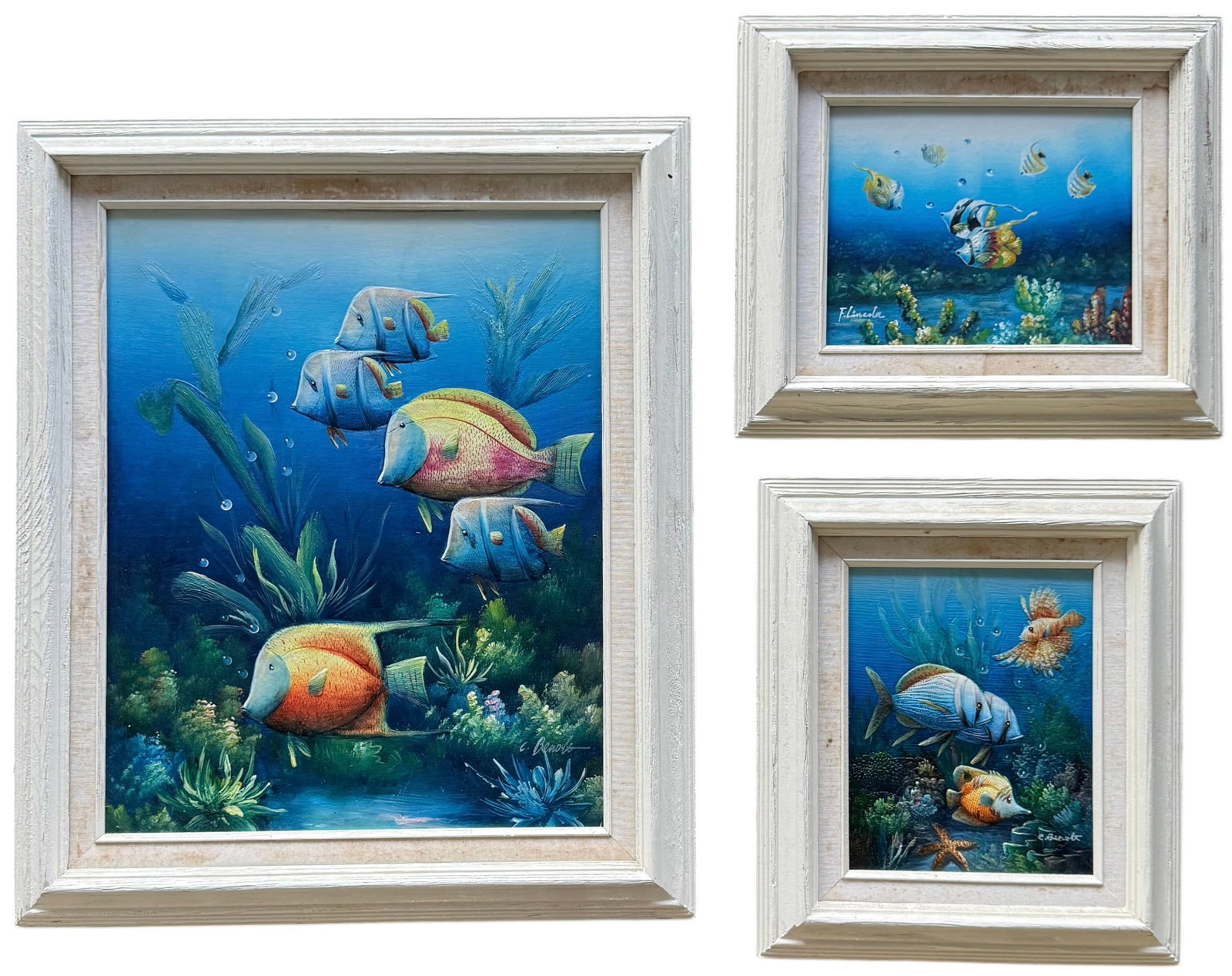 (3) Underwater Tropical Fish Paintings In Matching Wood Frames: (2) Painting by Charles Redmond Benolt and (1) signed F. Lincoln. Matching frames. 20 x 16 in & 10 x 8 in. Domestic Flat Shipping Price: $80