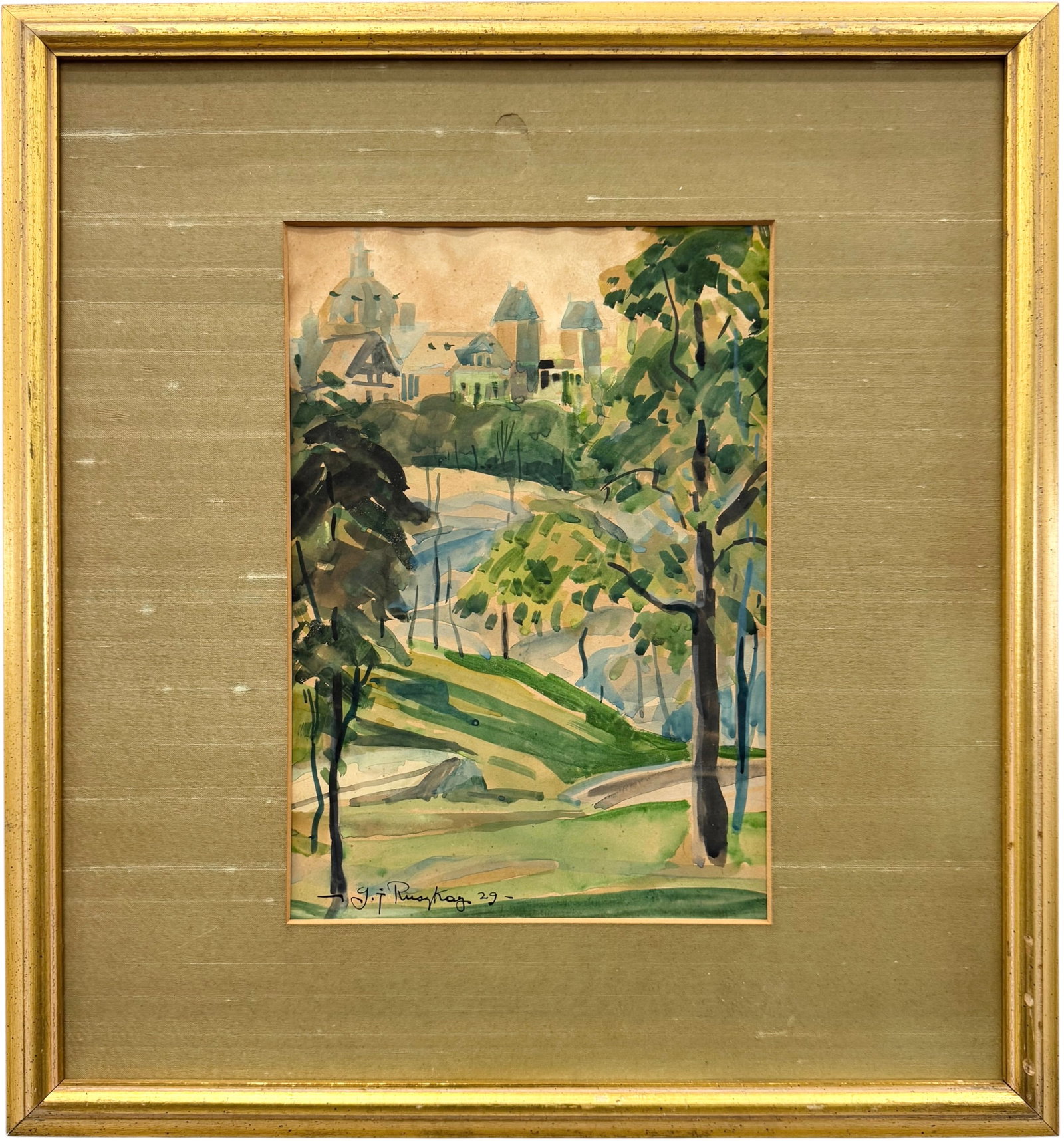 Late 1920s European School Post-Impressionist Hillside Landscape Signed Watercolor (1 of 3)