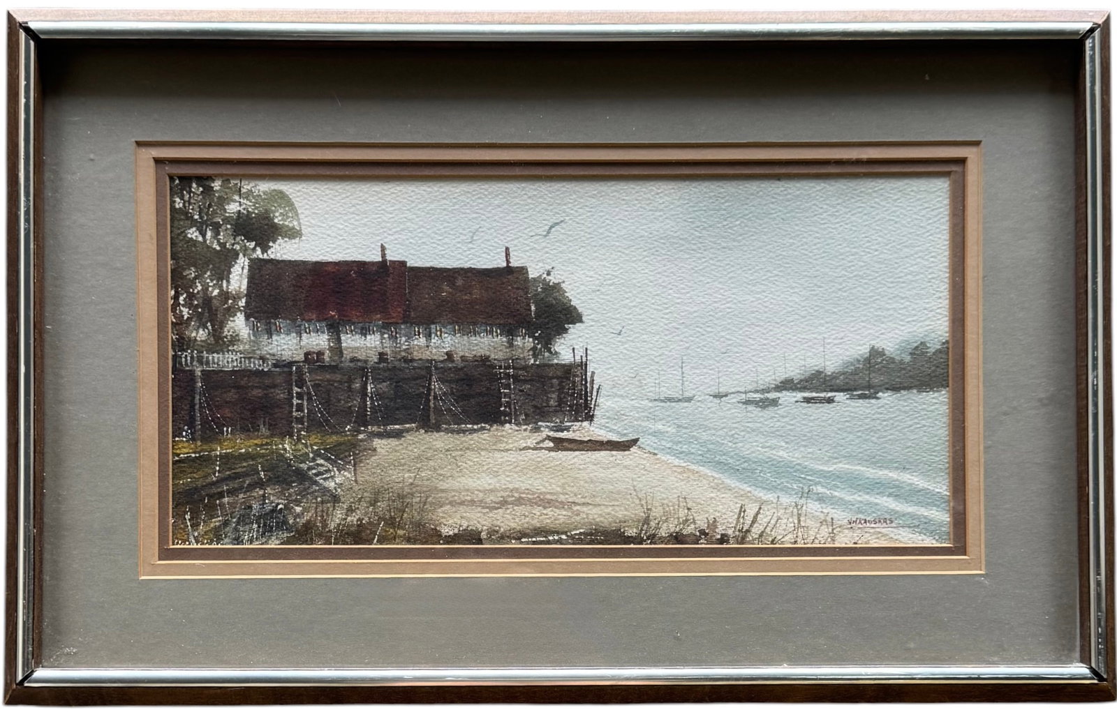 ROLANDAS VILKAUSKAS (b. 1963, American) Boat House: Watercolor on paper 14 1/2 x 6 1/2 in (sight), 20 1/2 x 12 1/2 in (framed). Domestic Flat Shipping Price: $55