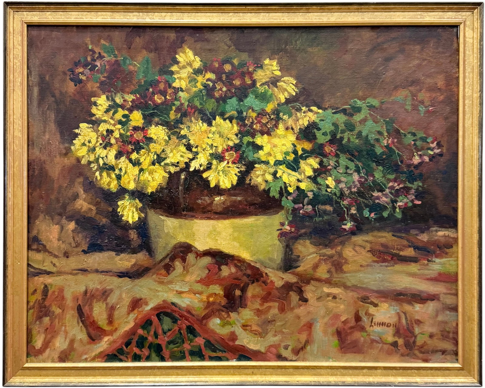 BERNARD LENNON (1914-1992, American) "Chrysanthemums In Earthware Crock": Oil painting on canvas 28 x 22 in, 31 x 24 1/2 in (framed). ernard Lennon was born in Milton, Massachusetts, in 1914, and studied at The Massachusetts School of Art. Later, he lived in New York City, 
