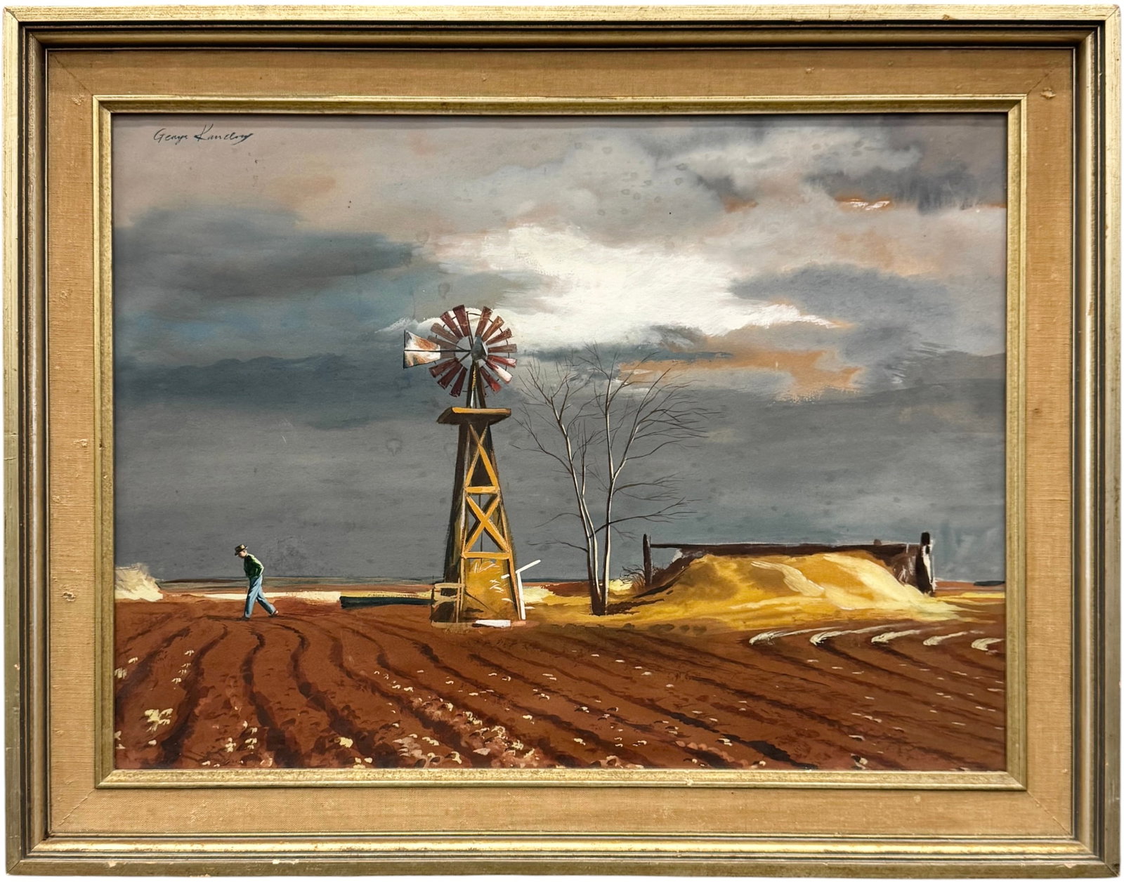 GEORGE KANELOUS (1915-1998, American) American Regionalist Farm Scene: Pastel on board 25 x 18 1/2 in, 29 1/2 x 23 in (framed). Domestic Flat Shipping Price: $80. He was born in 1915 in Montevideo, Uruguay, South America of Greek parents and came to the United States in 