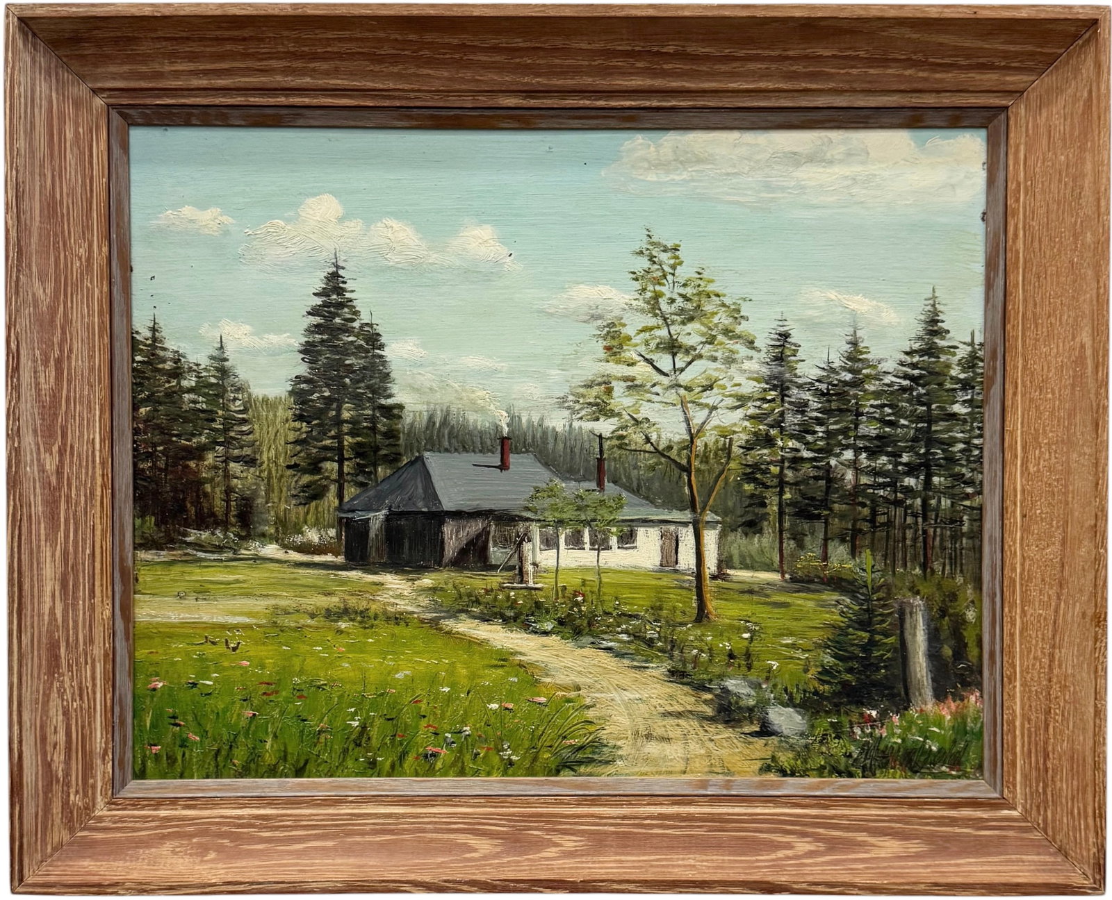 20th Century Summer Landscape with Secluded Cottage Signed Oil Painting: Oil painting on board 17 1/4 x 14 in, 21 x 17 in (framed). Domestic Flat Shipping Price: $55