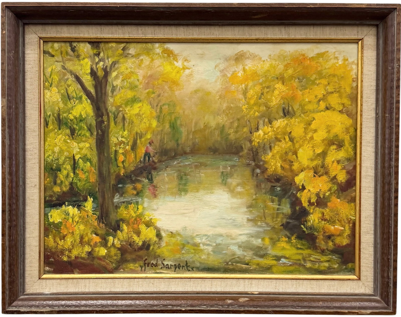 FRED SARGENT (20th c, American) River Landscape With Figure Fishing: Oil painting on board 16 x 12 in, 19 x 15 in (framed). Domestic Flat Shipping Price: $55
