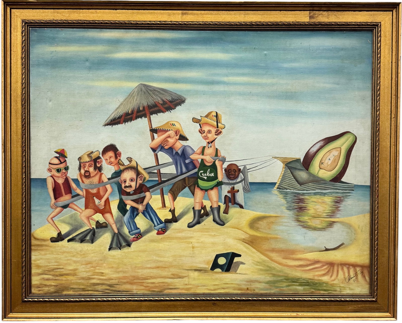 20th c Cuban School, Beach Scene with Caricatured Figures Pulling an Avocado Boat: Oil painting on canvas 28 x 21 1/2 in, 32 x 25 1/2 in (framed). Domestic Flat Shipping Price: $80