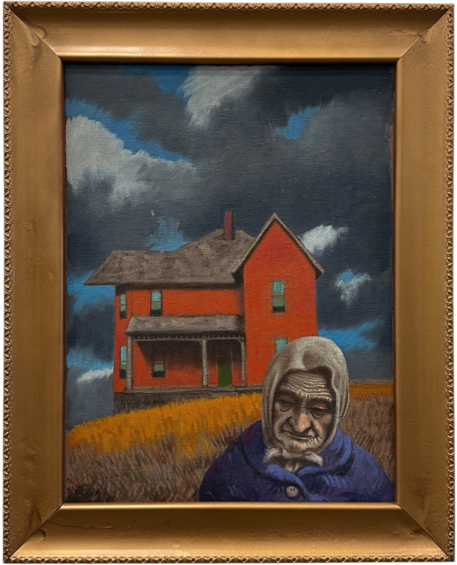 JASON HERR (b. 1977, American) Somber Woman In Rural Setting: Pennsylvania artist. Oil painting on board 12 x 16 in, 16 x 19 1/2 in (framed). Domestic Flat Shipping Price: $55