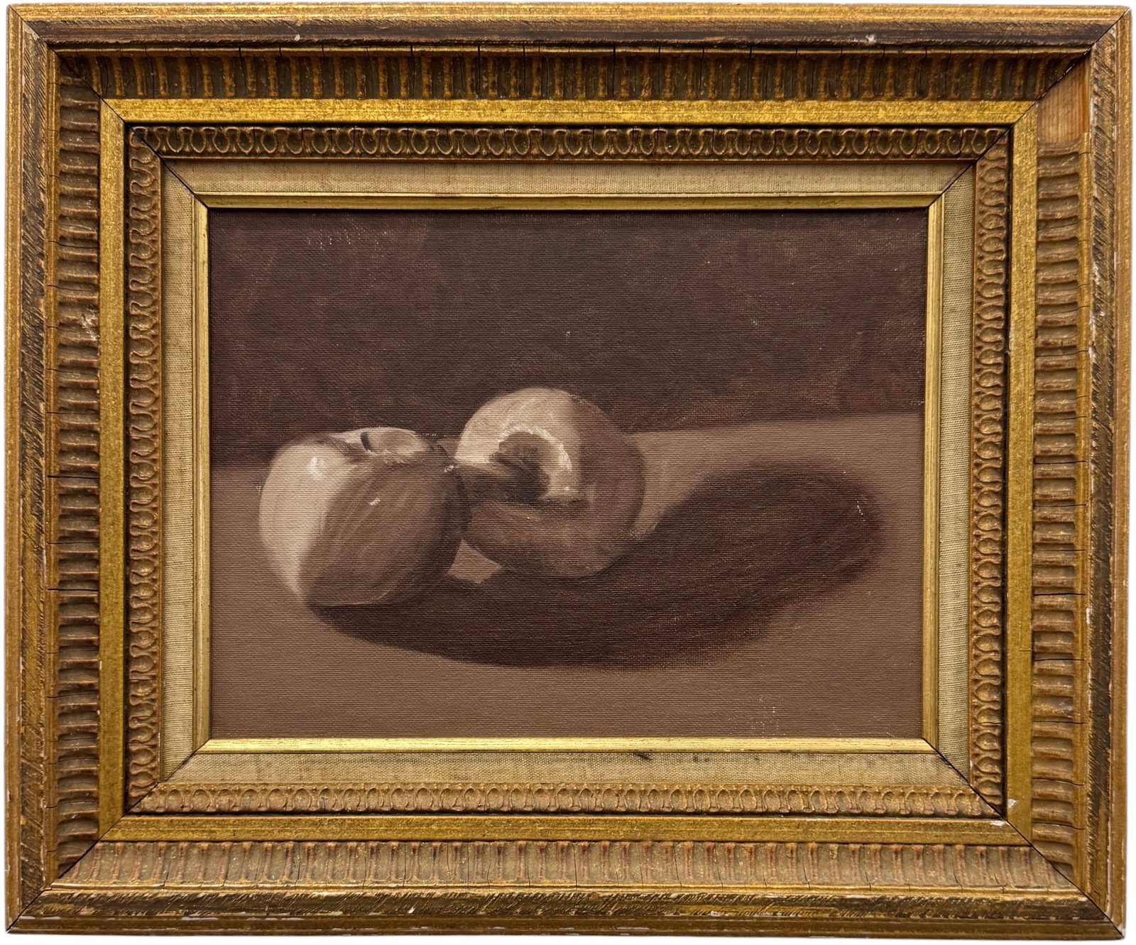 American Modernist Monochromatic Fruit Study in Gilt Frame: Oil painting on board 9 x 12 in, 14 1/2 x 17 1/2 in (framed). Domestic Flat Shipping Price: $55