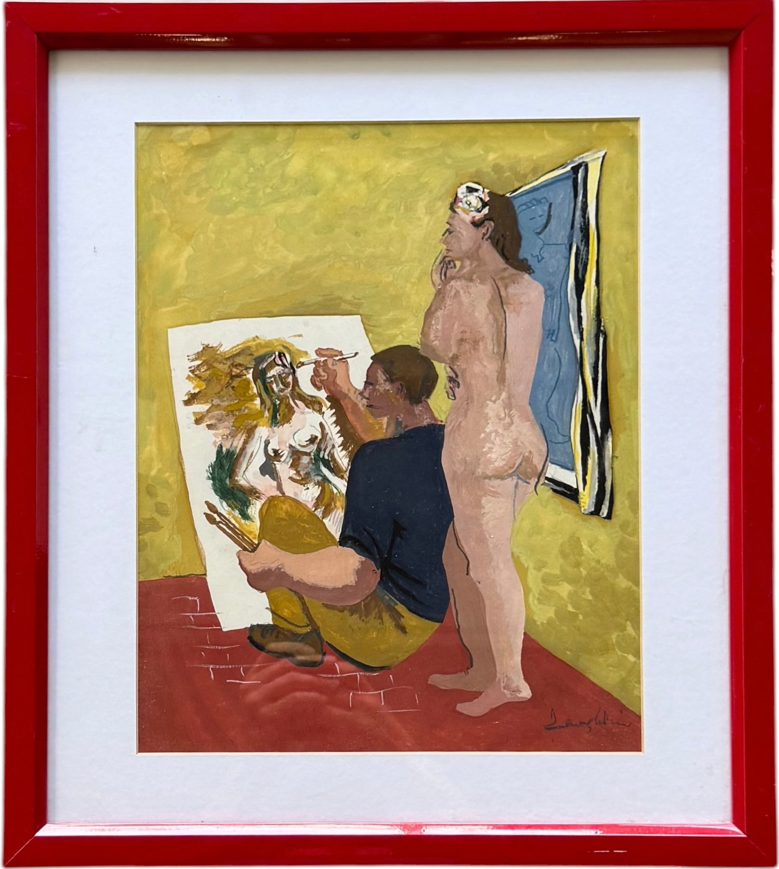 THOMAS IRWIN LAUGHLIN (1905–1965, American) Studio Scene: Gouache on paper 10 1/2 x 13 1/2 in, 16 1/2 x 18 1/2 in (framed). Domestic Flat Shipping Price: $55