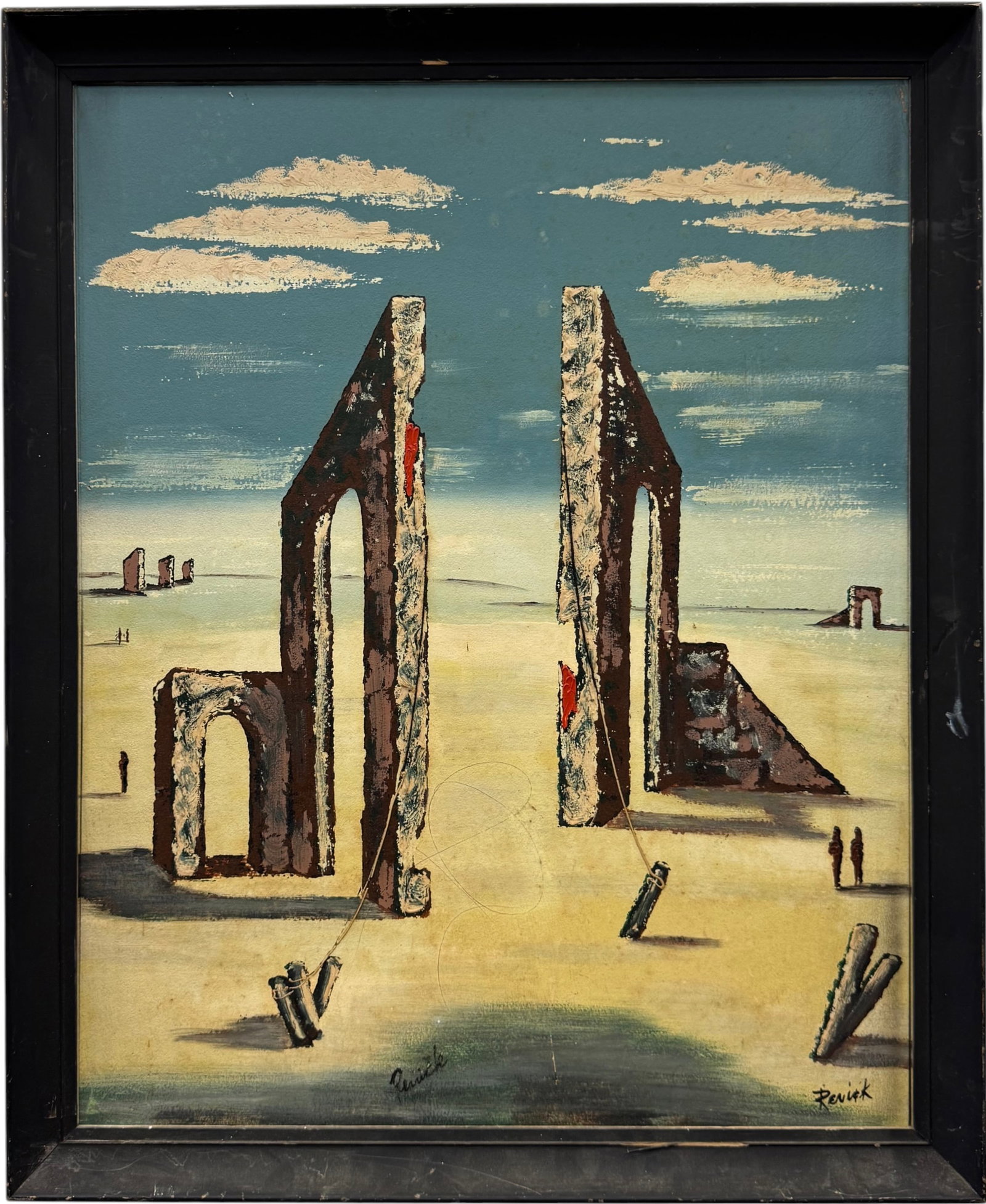 Mid-Century Surrealist Eerie Desert Landscape With Fractured Monument, Signed: Oil painting on board 30 x 24 in, 33 x 27 in (framed). Domestic Flat Shipping Price: $90